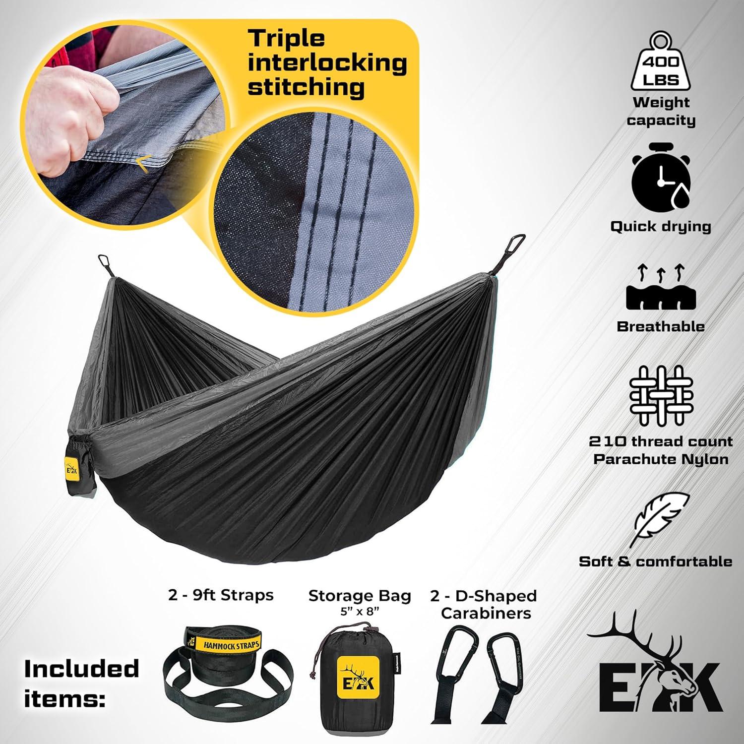 ELK Single Person Hammock with Tree Straps - Lightweight Parachute Nylon for Outdoor Adventures (Black/Gray)