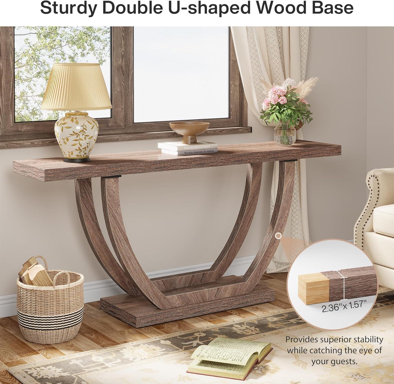 Tribesigns 63" Skinny Console Table with Geometric Base, Farmhouse Sofa Table Narrow Long, Thickened Behind Couch Table with Shelves for Living Room Foyer Corridor (Brown)