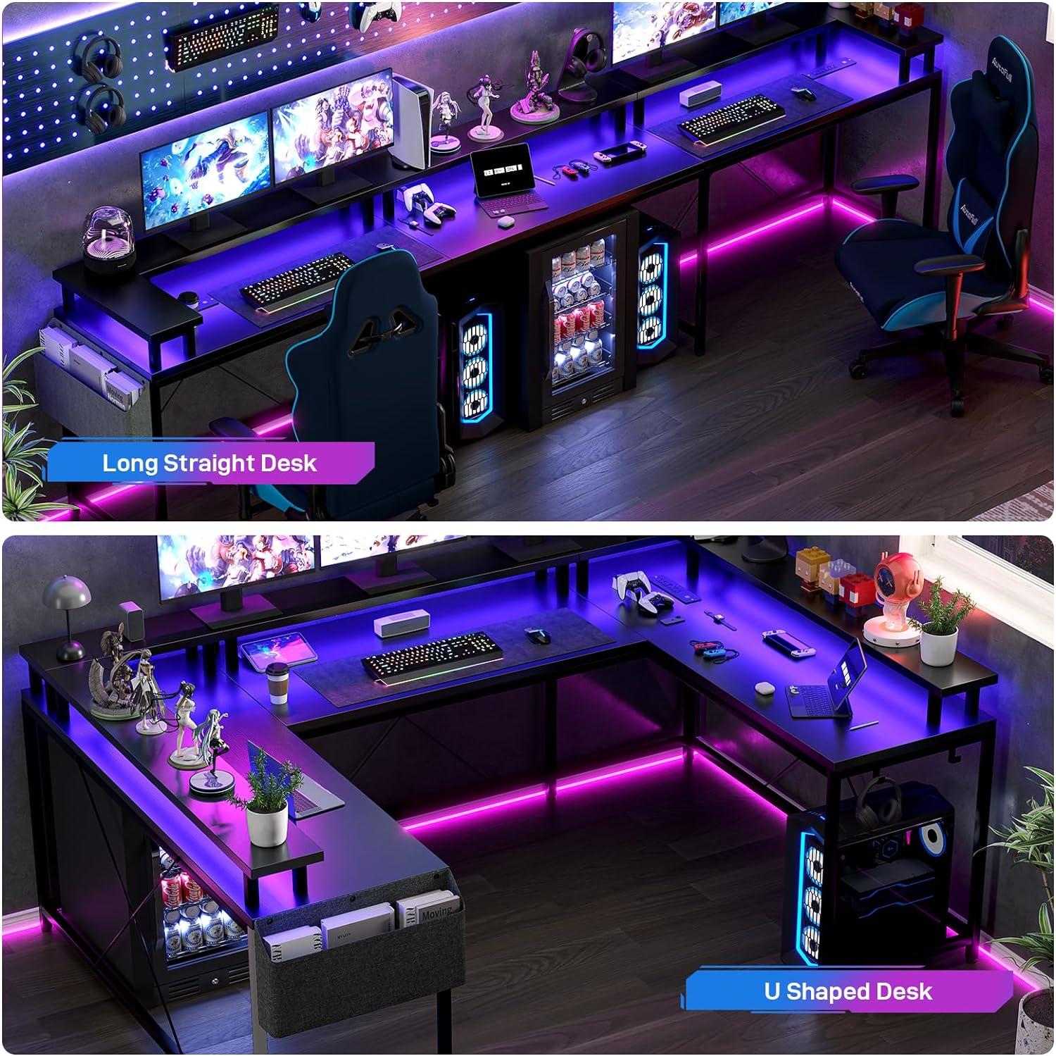 Jojoka U Shaped Computer Gaming Desk with LED Light & Power Outlets, Reversible 78.8" Large PC Desk with Monitor Stand & Storage Bag, Home Office Desk, Study Desk, Writing Desk, Workstation, Black