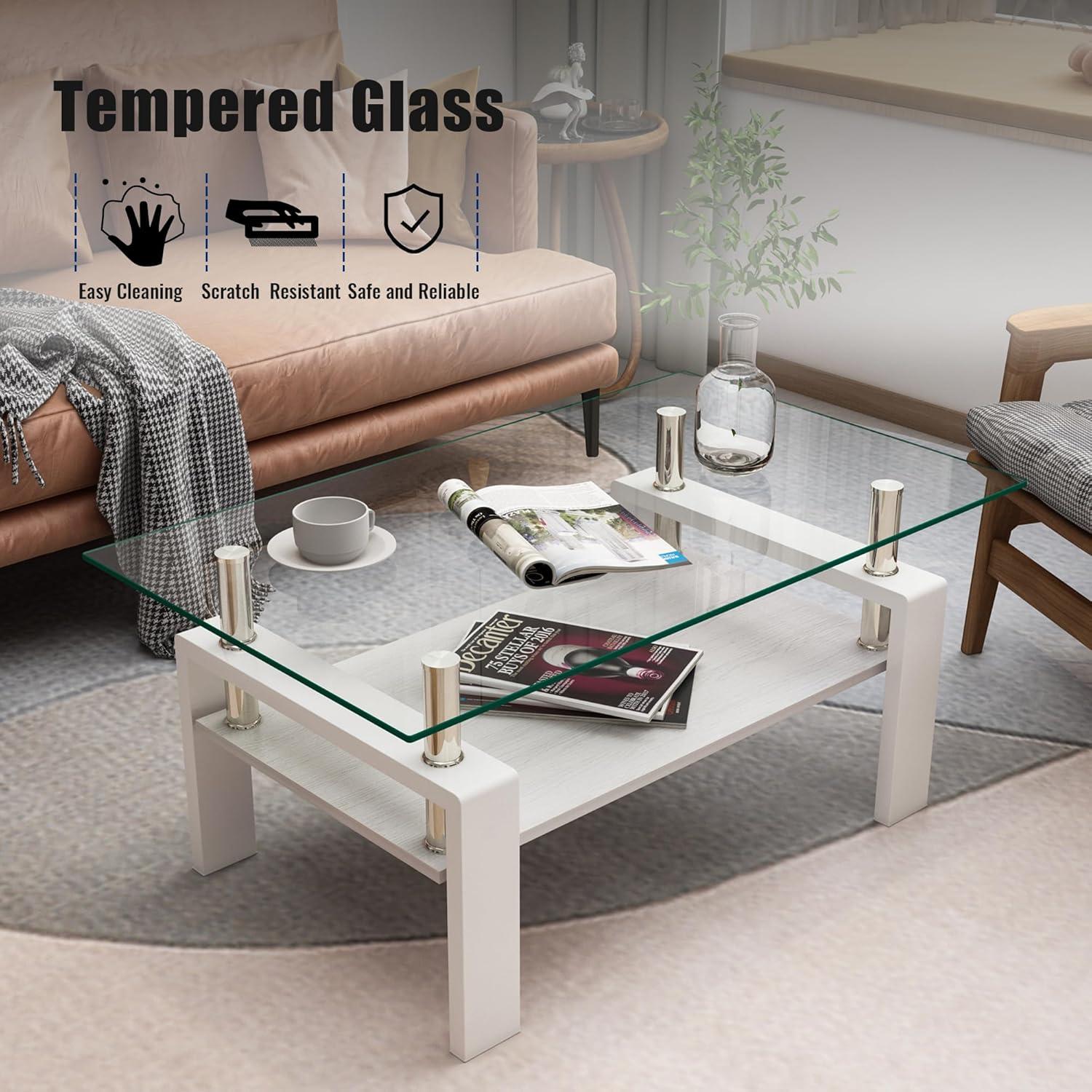 Glass Coffee Table for Living Room, Rectangle Glass Coffee Table with Storage Shelf, Transparent Coffee Tabletop with White Metal Legs for Apartment, Office (Transparent Glass, White)