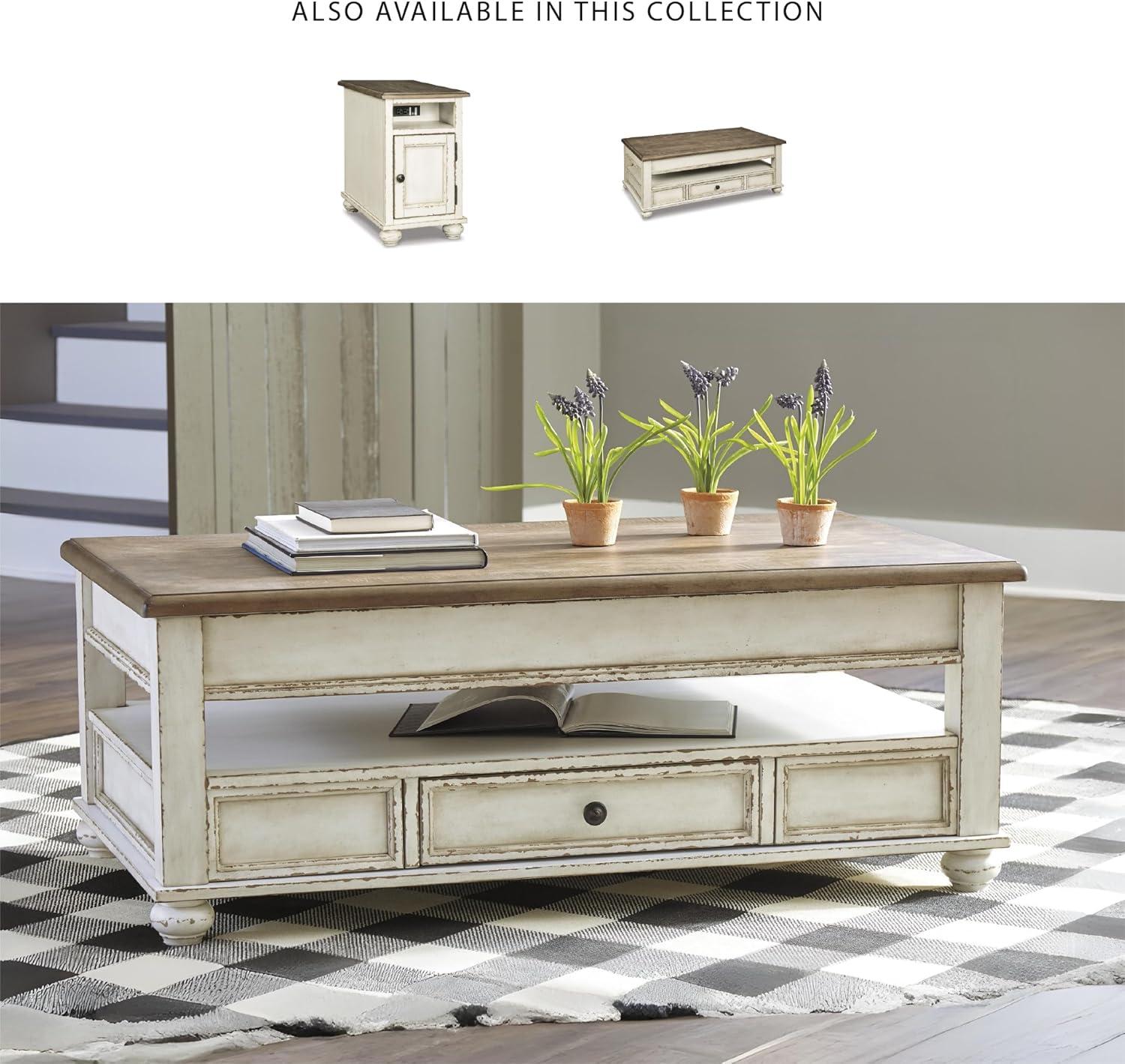 Realyn Coffee Table with Lift Top White/Brown - Signature Design by Ashley: Mid-Century Style, Storage, Wood Legs