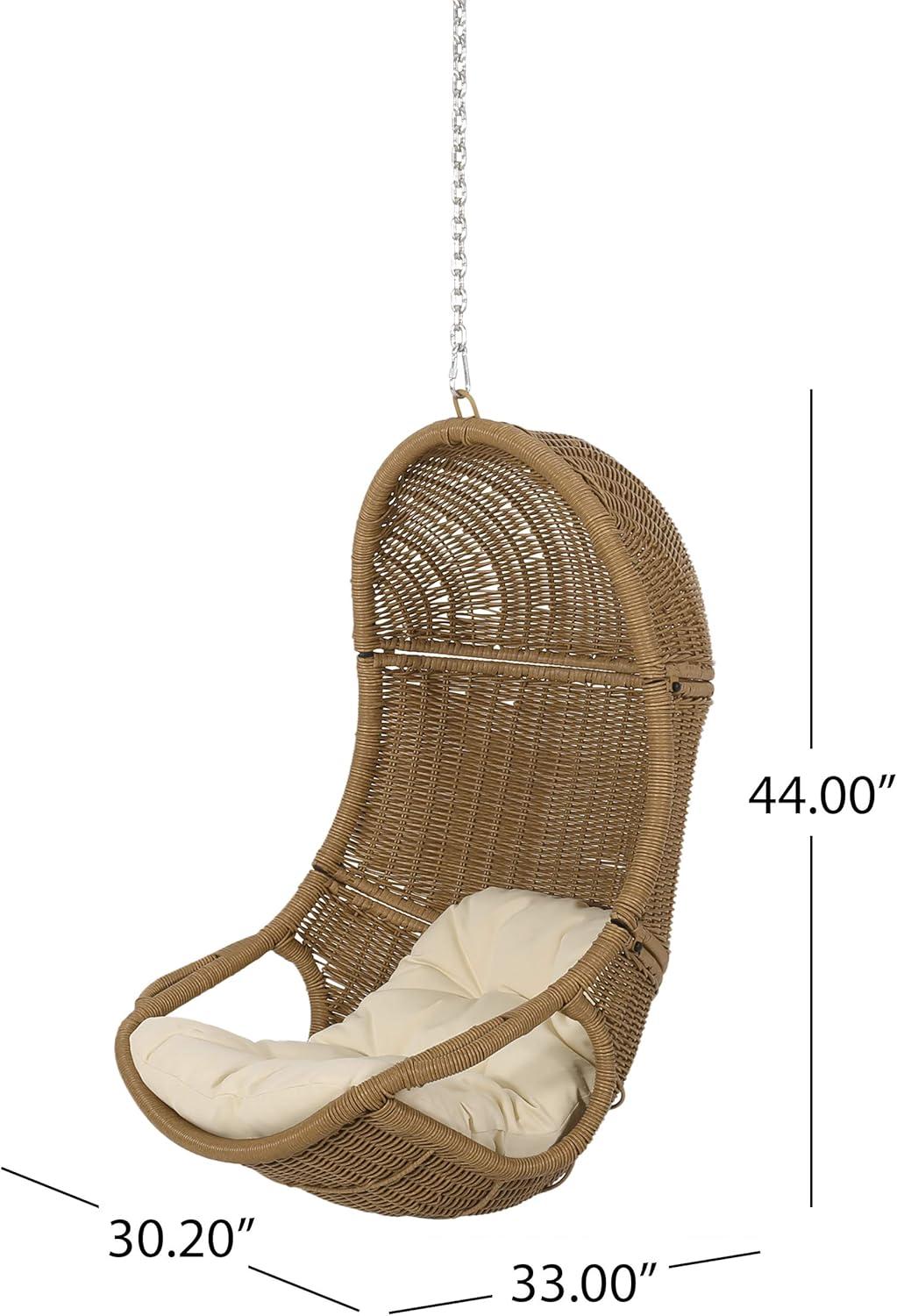 Orville Indoor/Outdoor Wicker Hanging Chair with 8' Chain - Light Brown/Beige - Christopher Knight Home: Polyester, Weather-Resistant