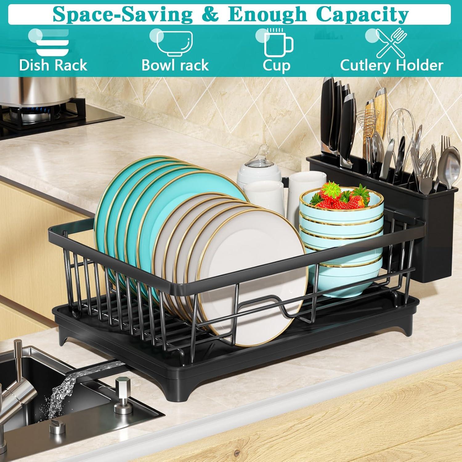 iSPECLE Dish Drying Rack with Drainboard - Dish Racks for Kitchen Counter, Rust-Resistant Compact Dish Drainer with Utensil Holder, Drain Spout and High Feet on Drip Tray, Black