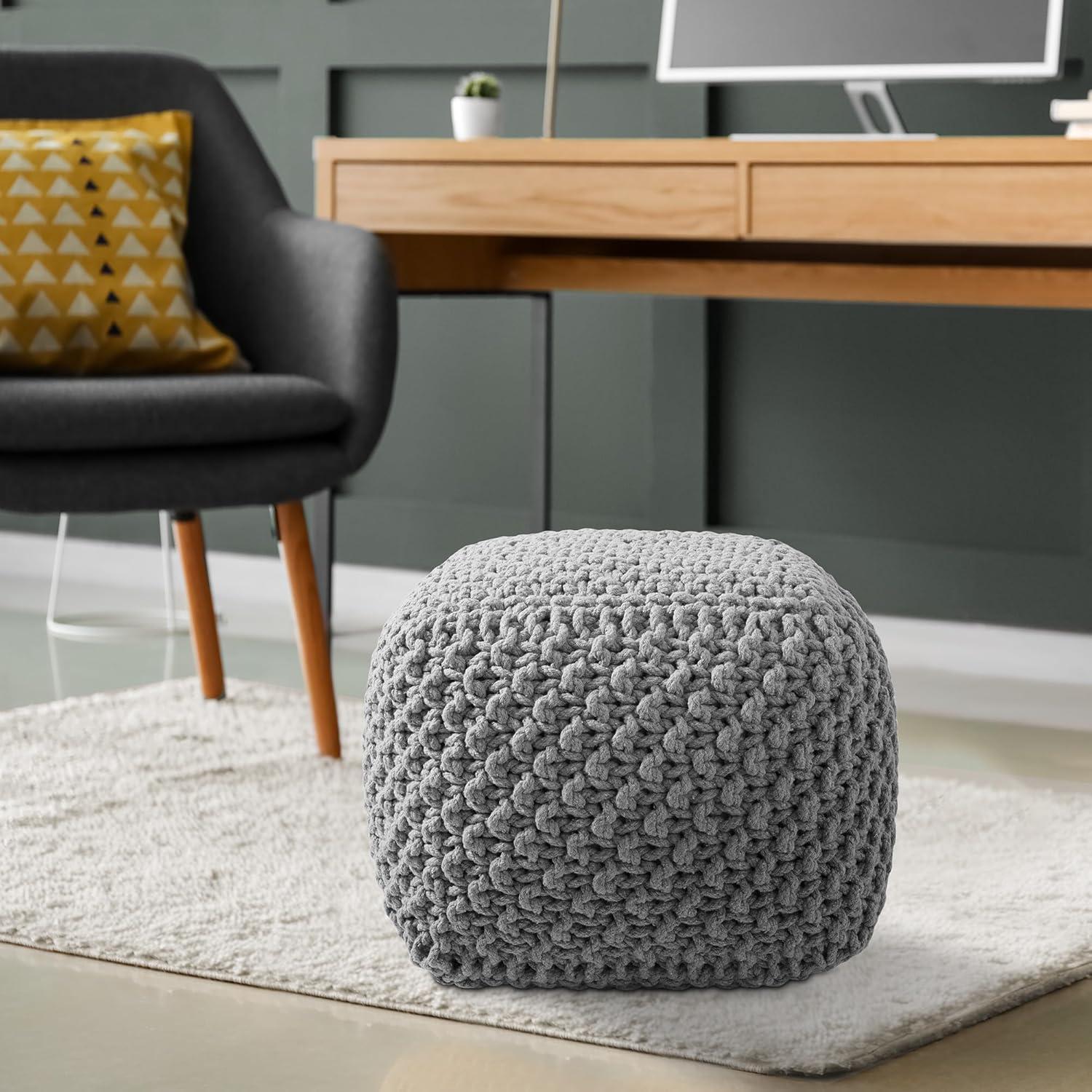 Casafield Square Pouf Ottoman, Light Gray - 18.5" W x 18.5" D x 14.5" H Cotton Knit Foot Stool - Boho Floor Pouffe for Living Room