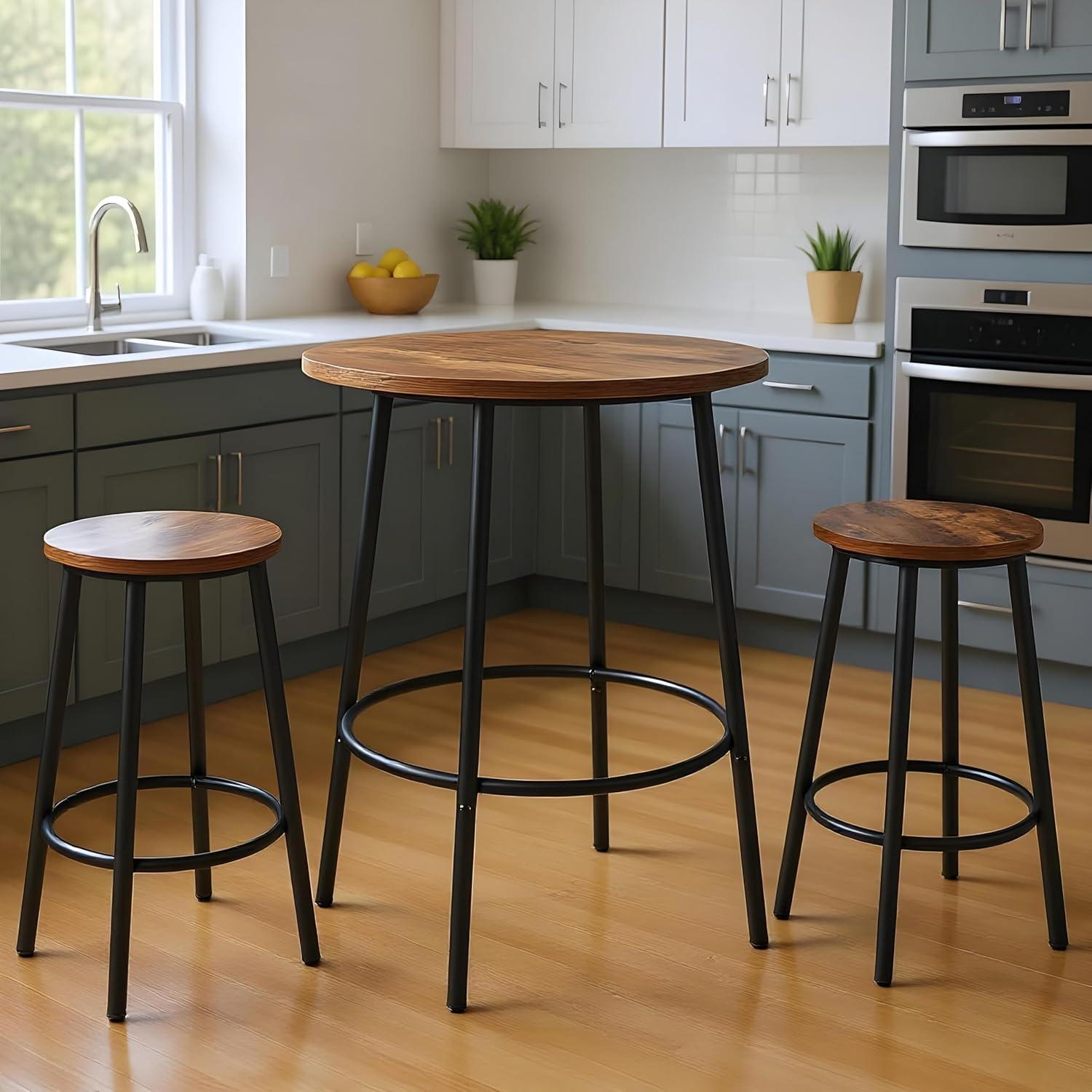 ZENSTYLE 3 Piece Pub Dining Table Set Wooden Round Breakfast Tables w/2 Bar Chairs Stools Brown