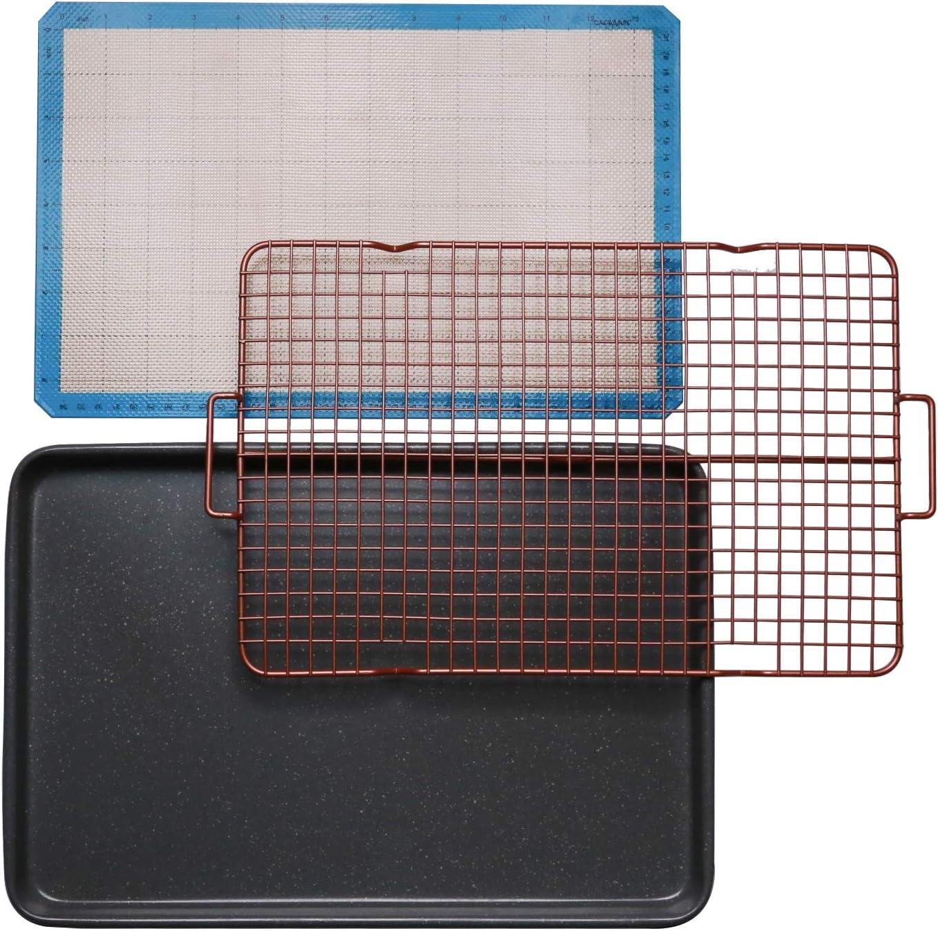 Silver Granite Non-Stick Cookie Sheet Set with Cooling Grid and Silicone Mat