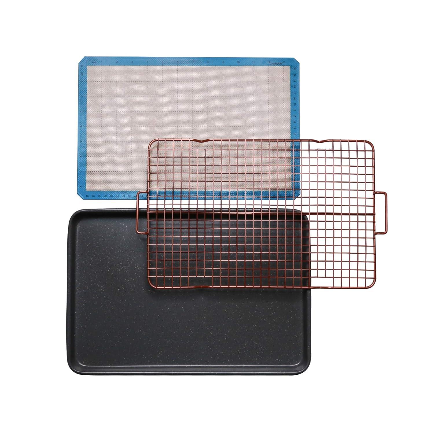 Silver Granite Non-Stick Cookie Sheet Set with Cooling Grid and Silicone Mat