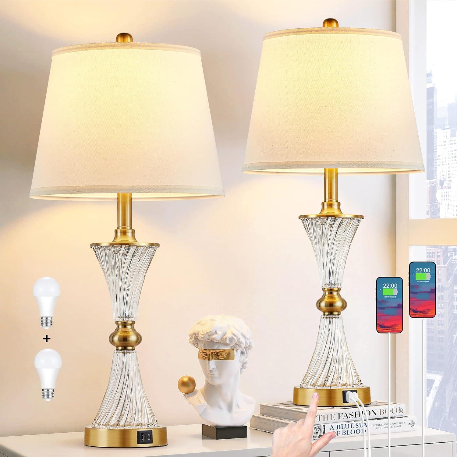Touch Control Dimmable Table Lamps for Bedrooms, 3-Way Gold Crystal Bedside Lamp with USB Ports, Set of 2 Contemporary End Table Lamps with White Drum Shade for Living Room Reading, LED Bulbs Included
