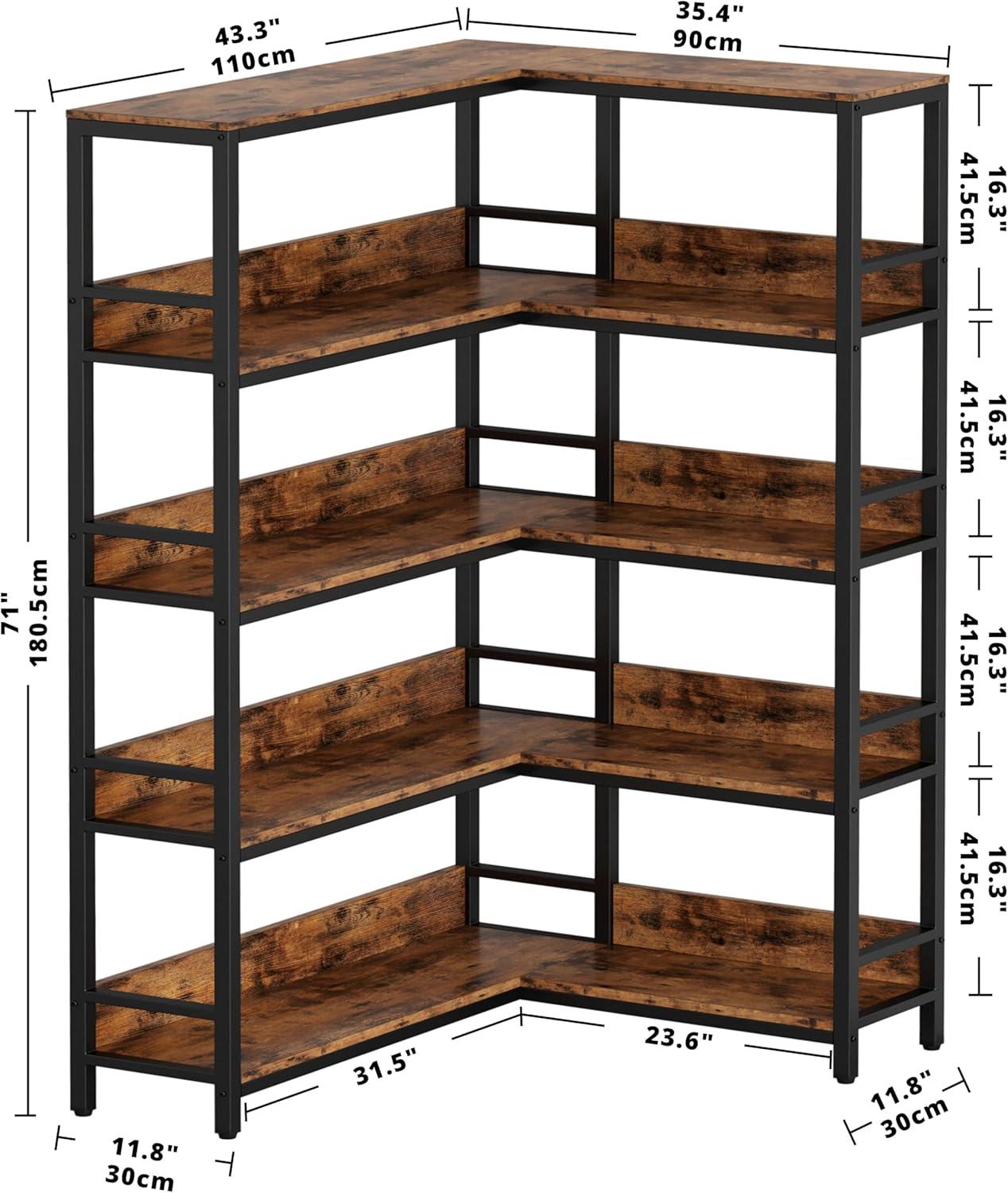 Industrial Brown and Black 5-Tier Corner Bookshelf with Metal Frame