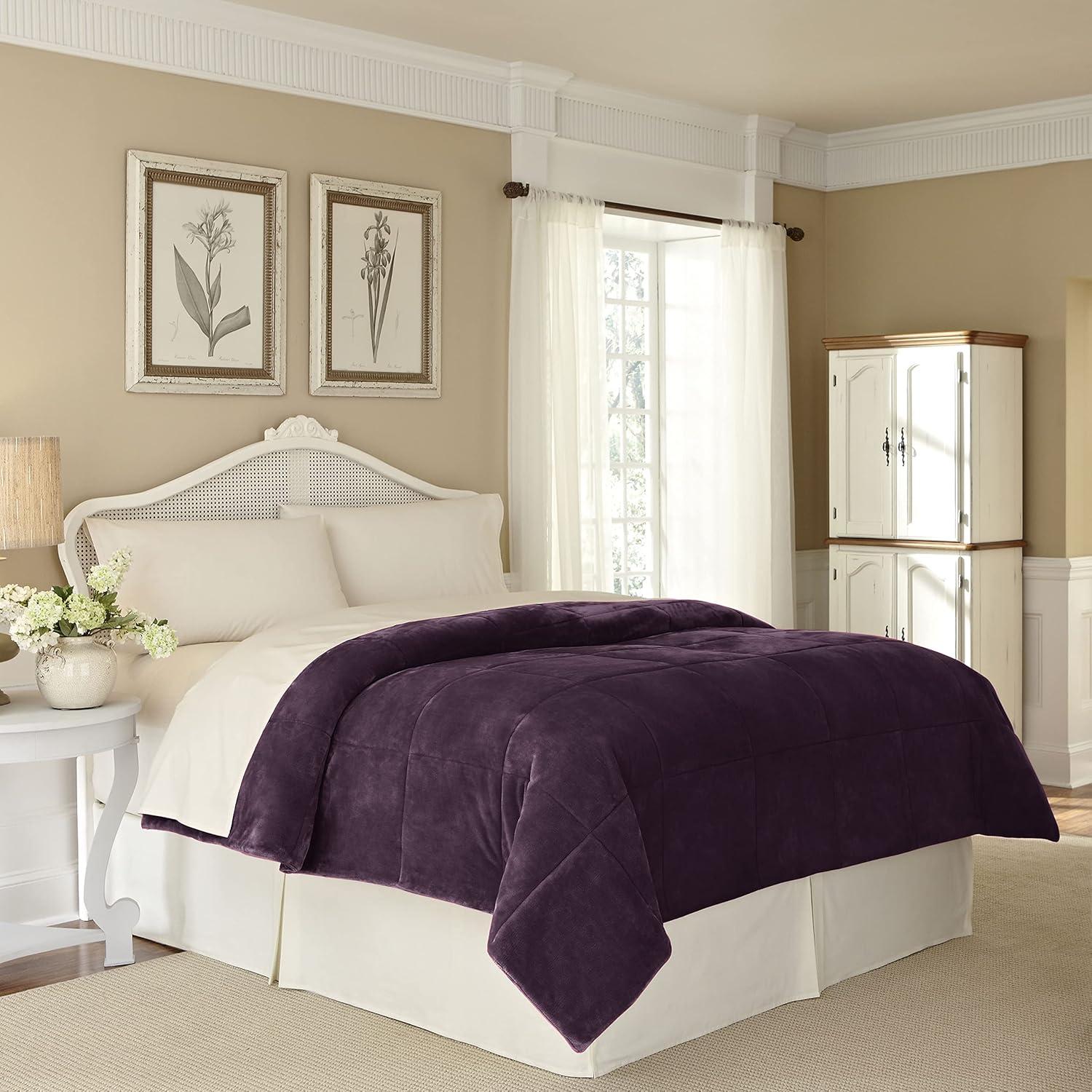 Vellux King Plush Lux Warm Blankets - All Season Blankets - Lightweight Quilted Blanket King Size - Ultra Soft Luxury Hotel Blanket - Box Stitched Blanket (King, Purple)