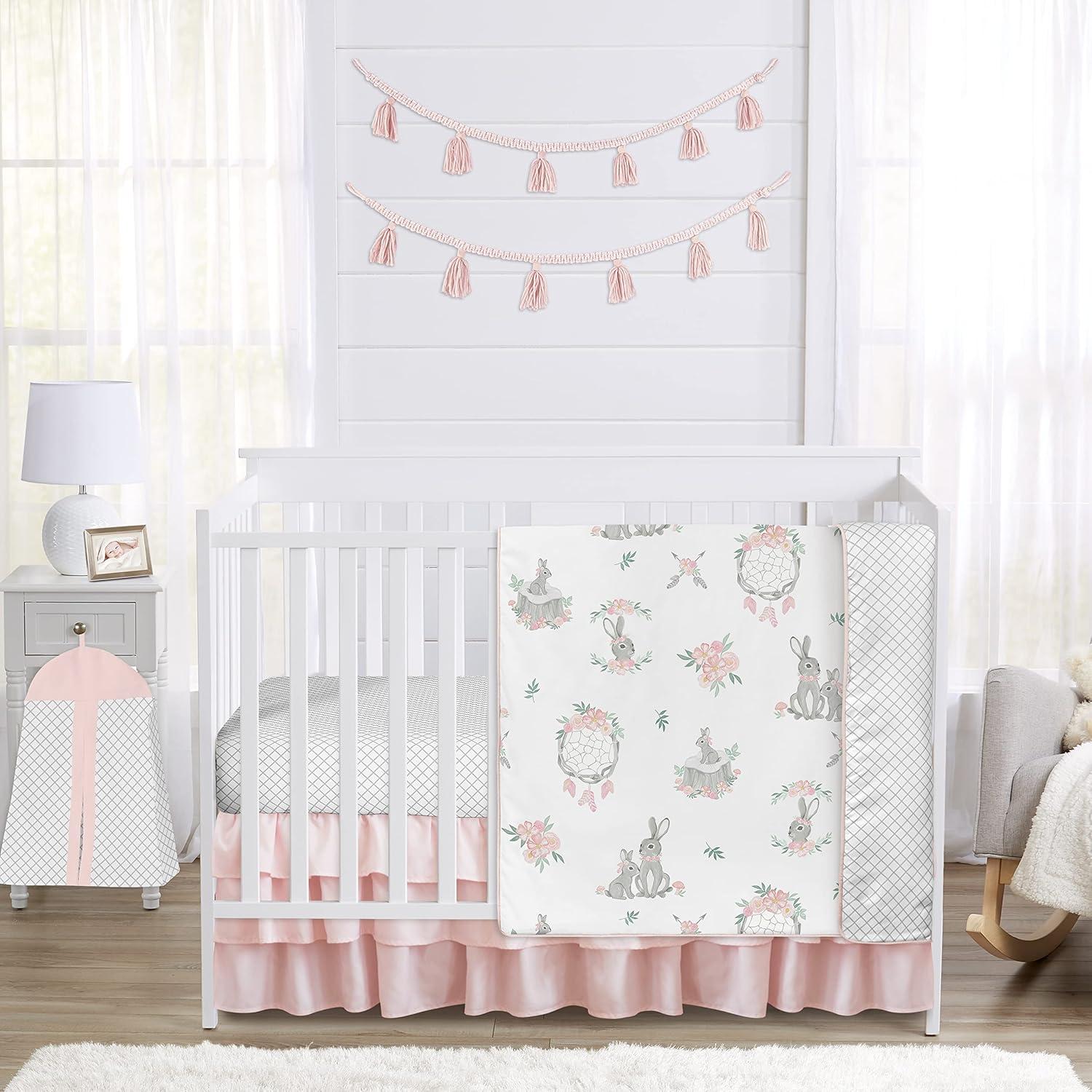 Gray and Pink Microfiber Bunny Floral 4-Piece Crib Bedding Set