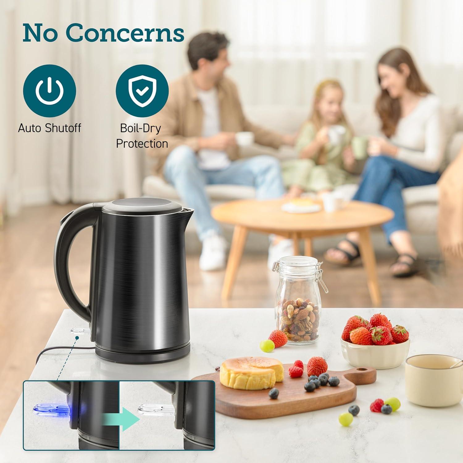 1.5L Black Stainless Steel Electric Kettle with Cool-Touch