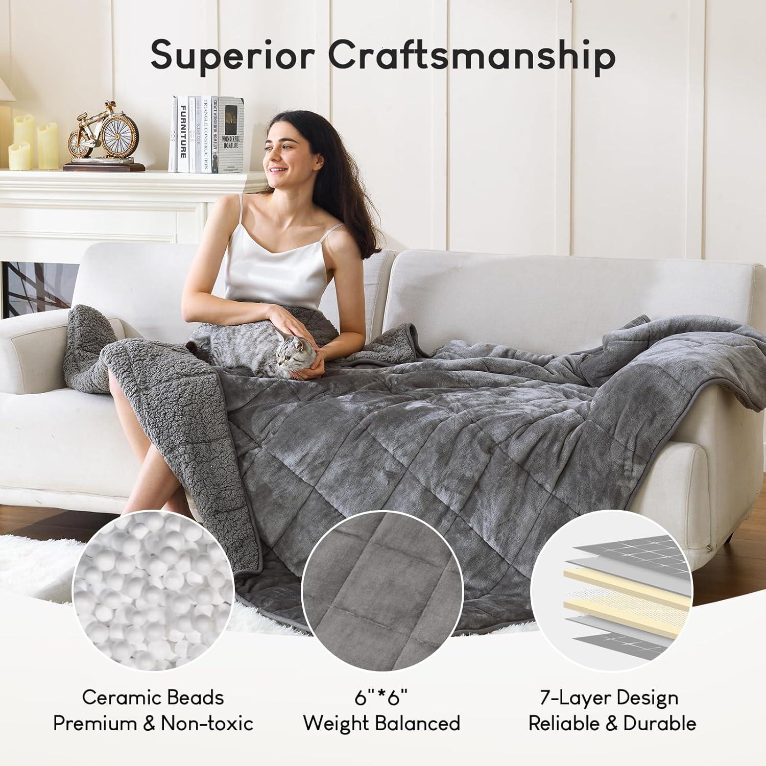 Cottonblue Faux Fur Weighted Blanket 15 lbs, Long Fur Fluffy Weighted Blanket Twin Size for Adults, Cozy Warm Fuzzy Sherpa Reverse Heavy Blanket for Sofa Bed Couch, 48 x 72 Inches, Morandi Grey