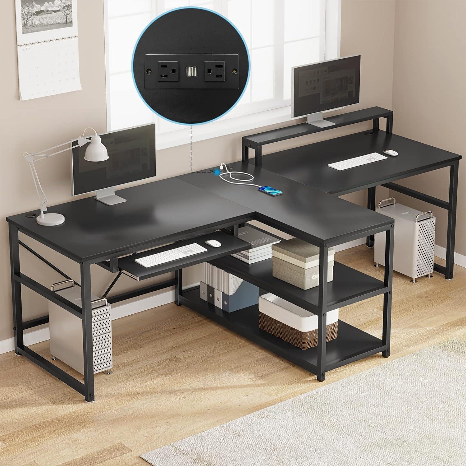 94.5" Office Computer Desk, 2 Person Gaming Desk with Storage, LED Lights, Keyboard Tray, Power Strip with USB & Monitor Stand, Black