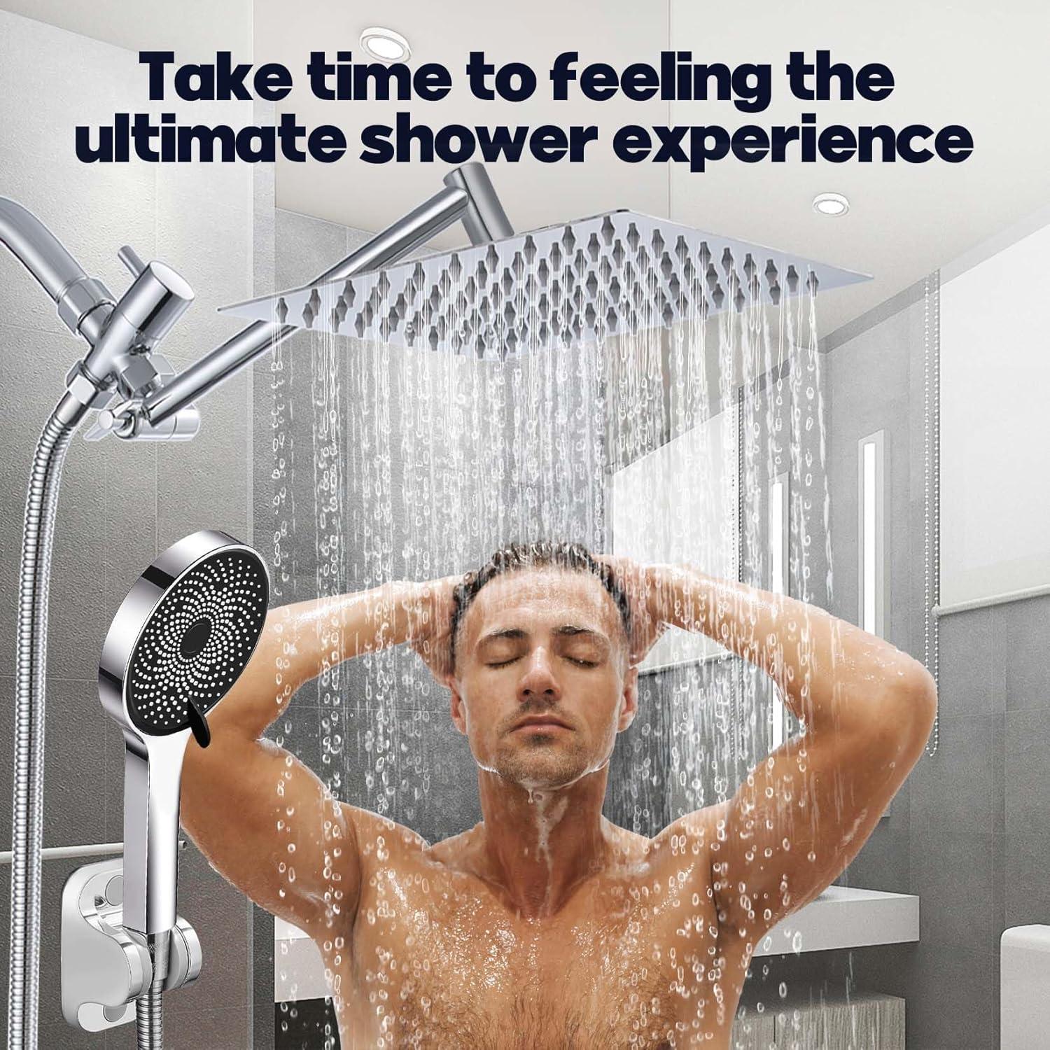 Chrome Dual Shower Head with Handheld Spray and Adjustable Arm