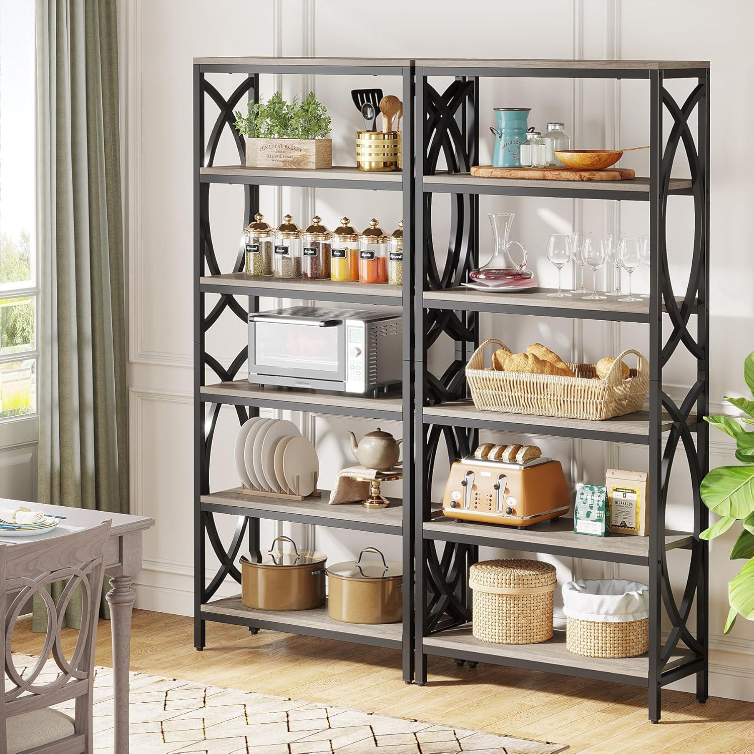 Gray Wood and Metal 6-Tier Bookshelf Set of 2