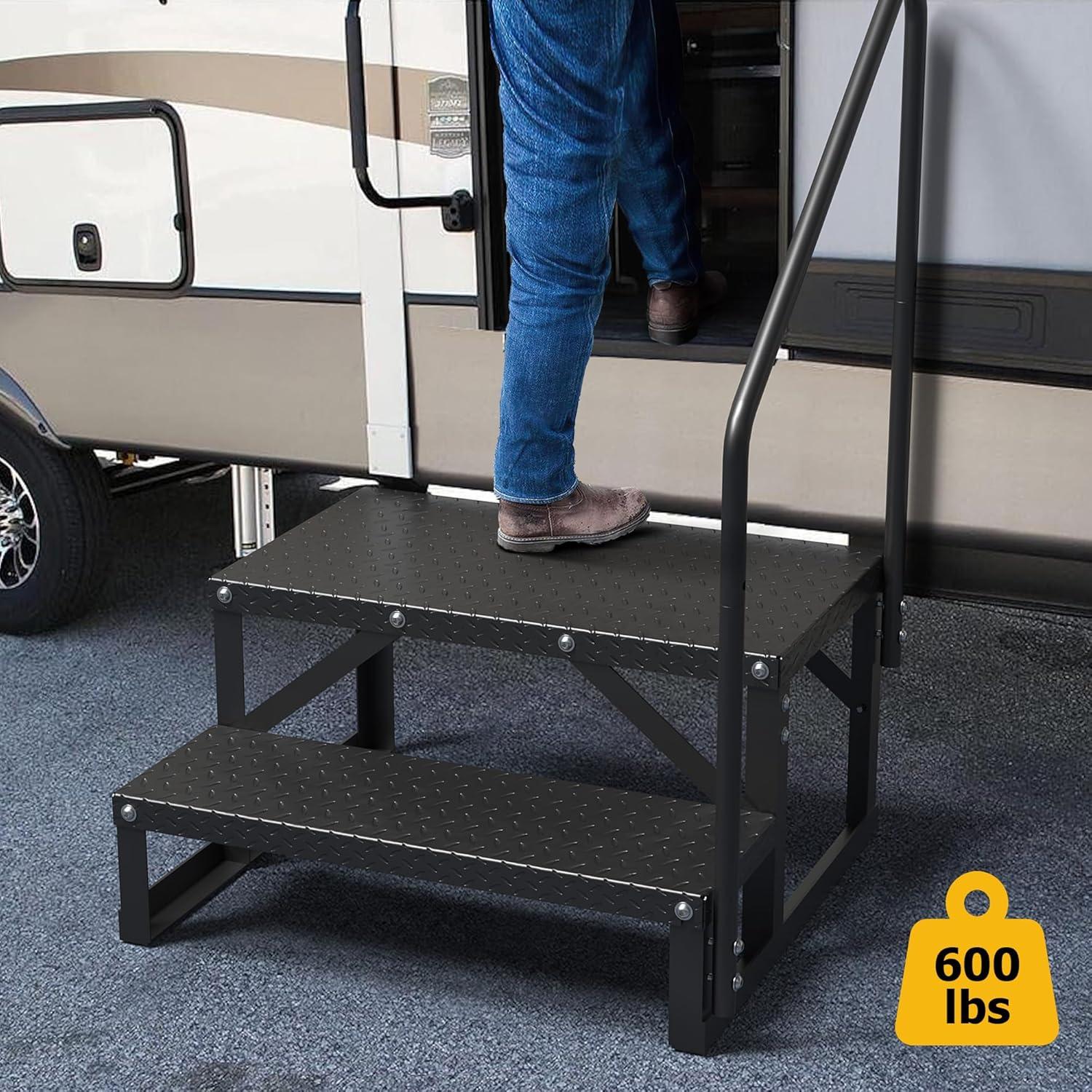 Tcbosik RV Steps with Handrail, 5 Steps Ladder Hot Tub Steps, Portable Stairs Step with Anti-Slip Panel, Heavy Duty Metal Mobile Home Stairs for Outdoor RV Step, Camper Trailer, Black
