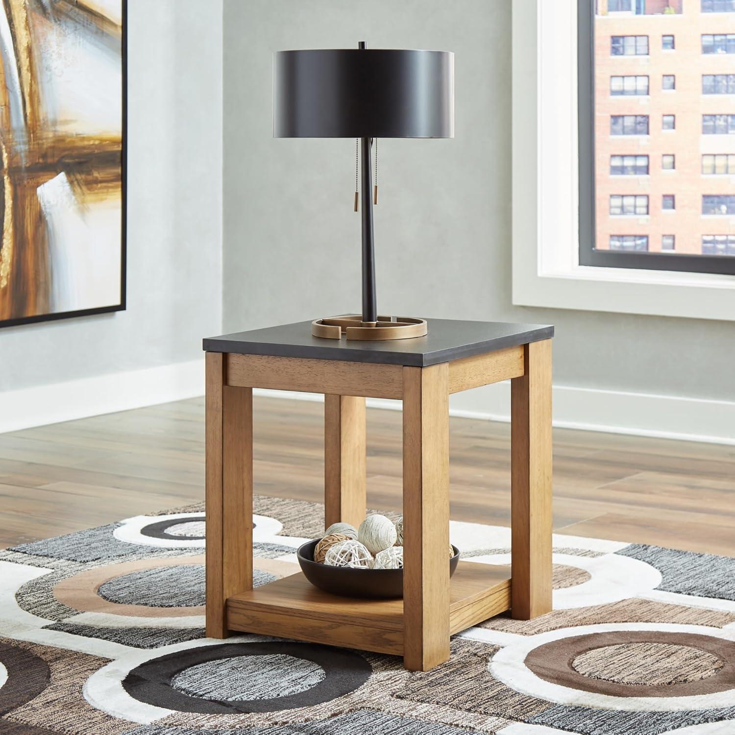 Quentina Rectangular Black Faux Stone and Wood End Table