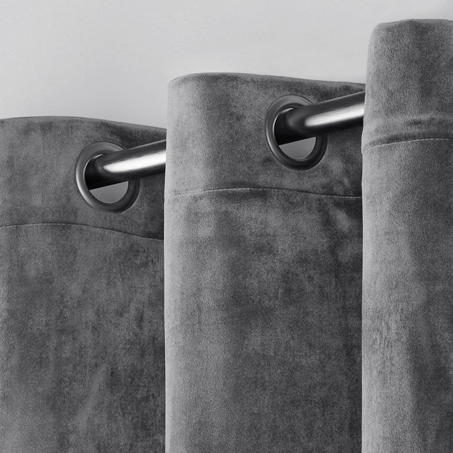 Set of 2 96"x54" Velvet Heavyweight Grommet Top Window Curtain Panel Gray: Light Filtering, Polyester, Exclusive Home