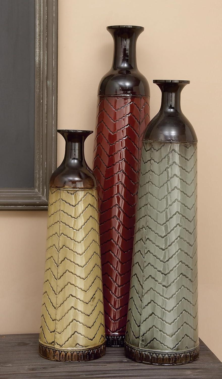 DecMode 32", 27", 22"H Tall Enameled Bottleneck Floor Multi Colored Metal Vase with Chevron Pattern, Set of 3