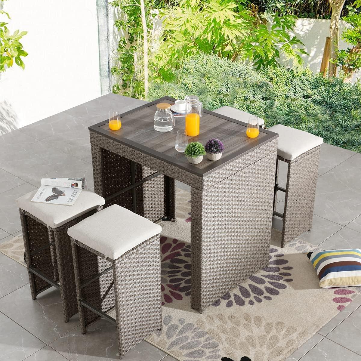 Patio Festival 5-Piece Outdoor Rattan Bar Dining Set in Brown/Gray