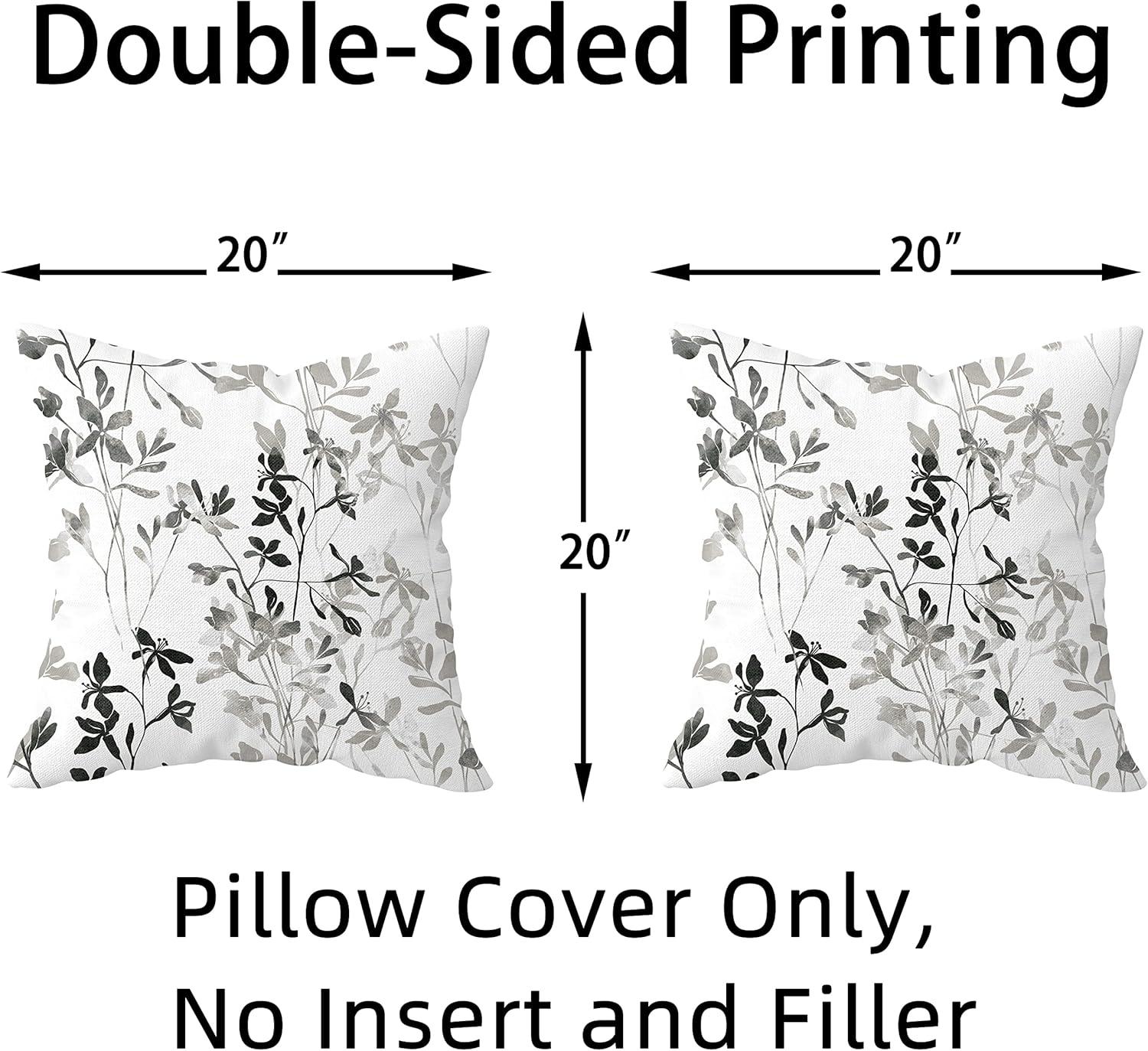 Black White Floral Pillow Covers Set of 2 Grey Flower Throw Pillow Cover Soft Elegant Accent Decorative Couch Cushion Cover for Bed Living Room Chair Outdoor Waterproof Sofa Pillowcases 20x20 Inch