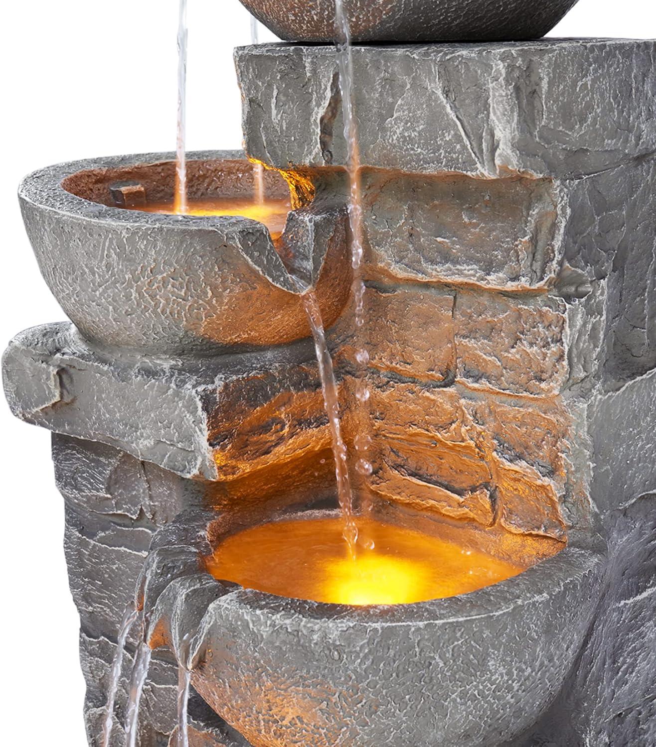 Teamson Home 33.25" Cascading Bowls & Stacked Stones LED Outdoor Water Fountain