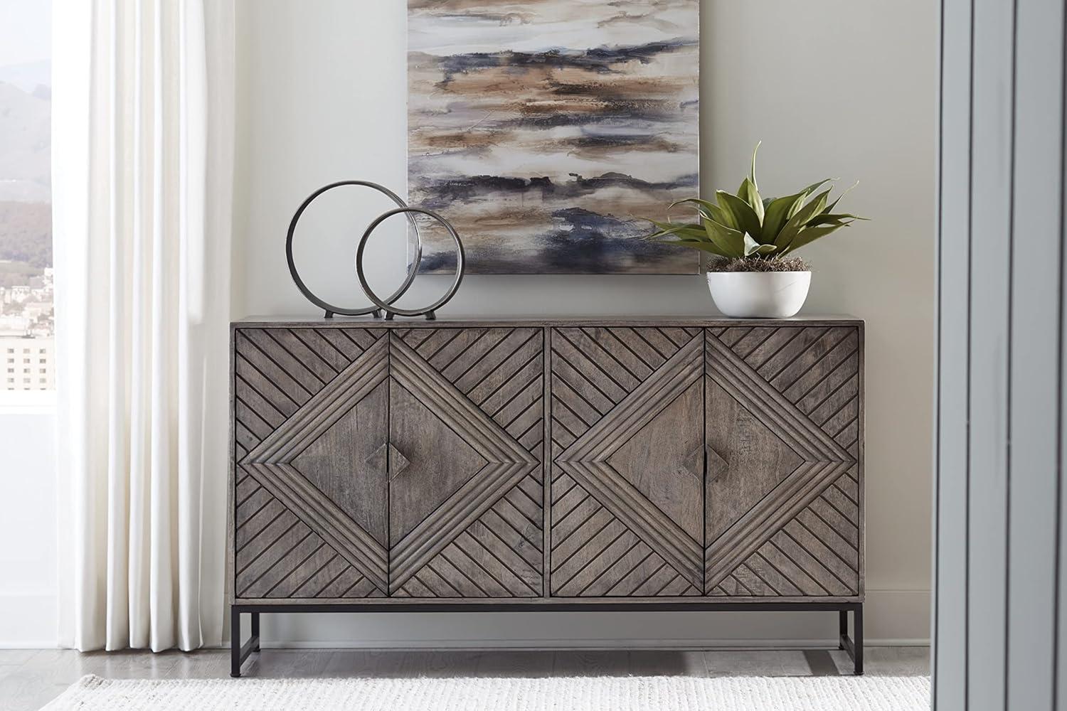 Distressed Gray Wood Accent Cabinet with Art Deco Doors