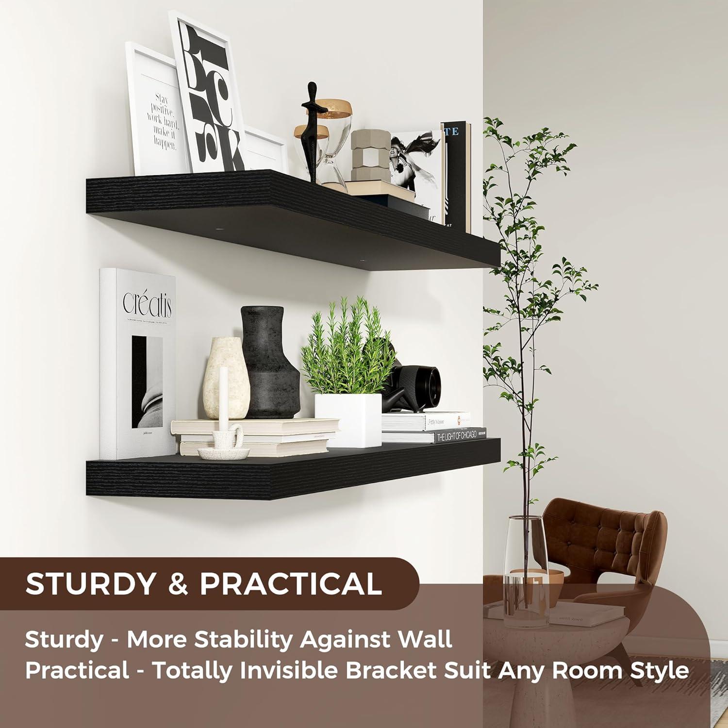 Black Wood Floating Wall Shelves with Invisible Brackets