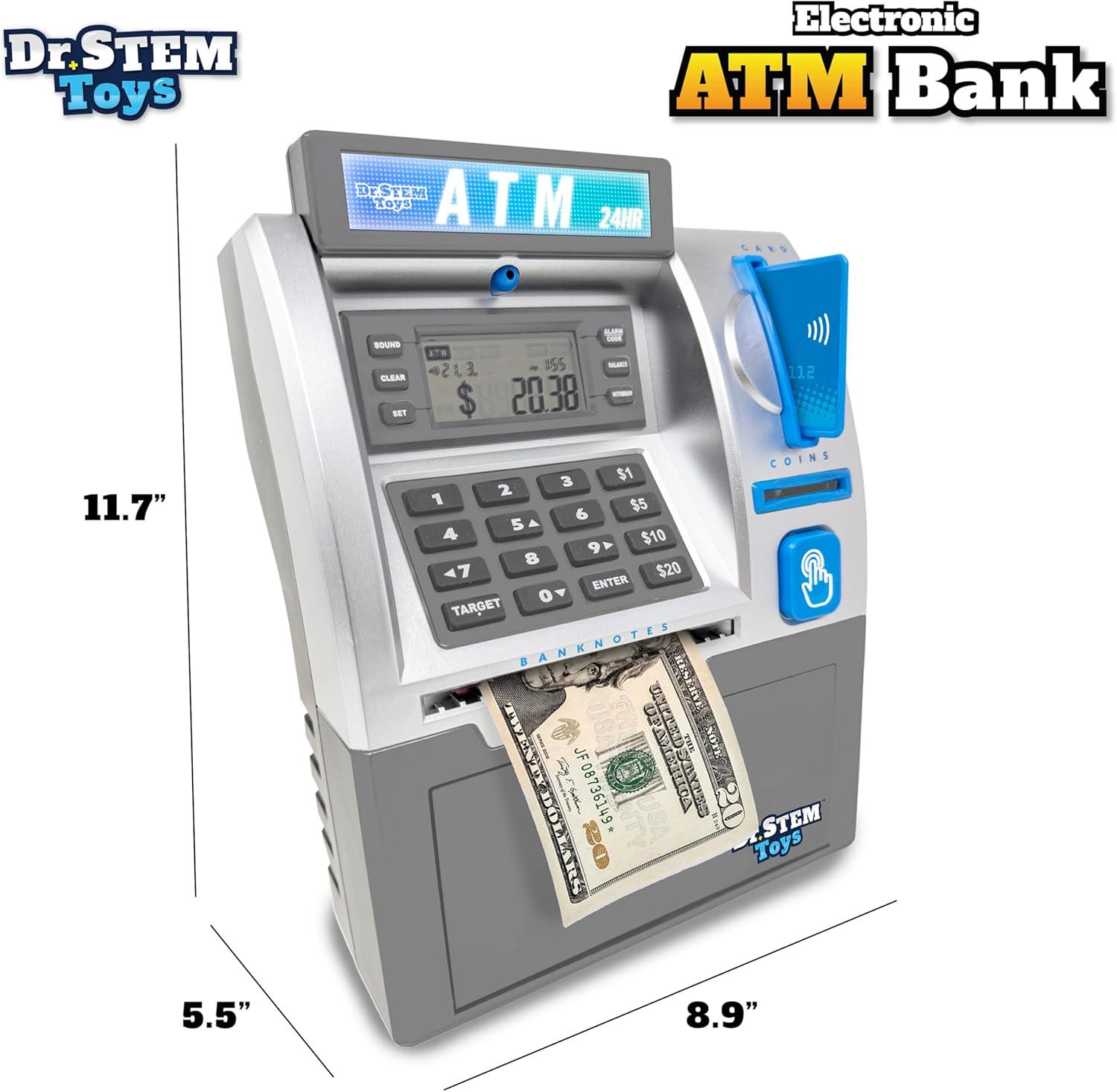 Dr. STEM: Electronic ATM Bank - Real Money Savings Piggy Bank Toy, LCD Digital Screen, Bill Feeder & Coin Counter, Pin Entry, STEM Learning, Kids 5+