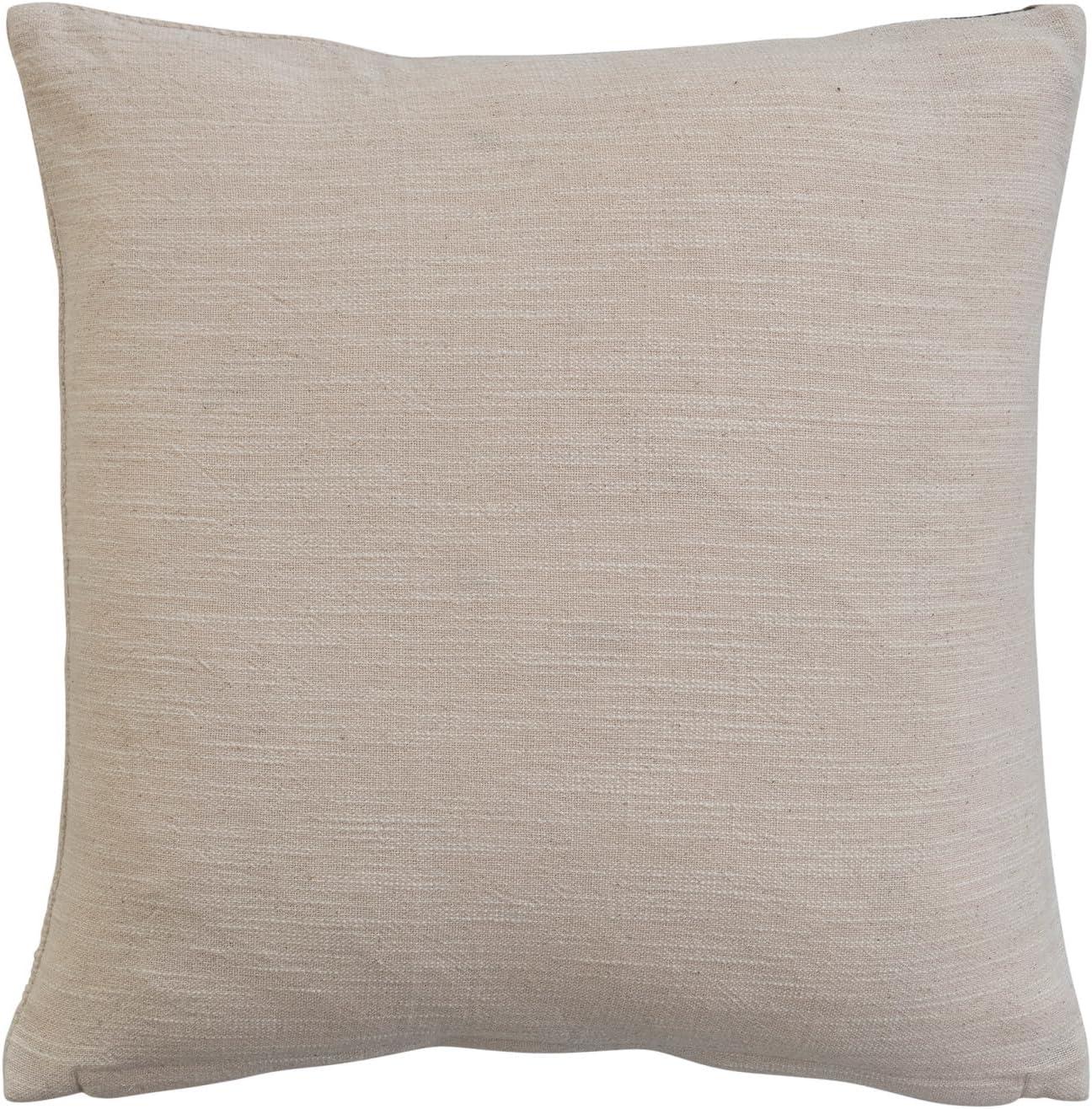 18-Inch Beige and Black Cotton Jacquard Pillow with Jute Embroidery