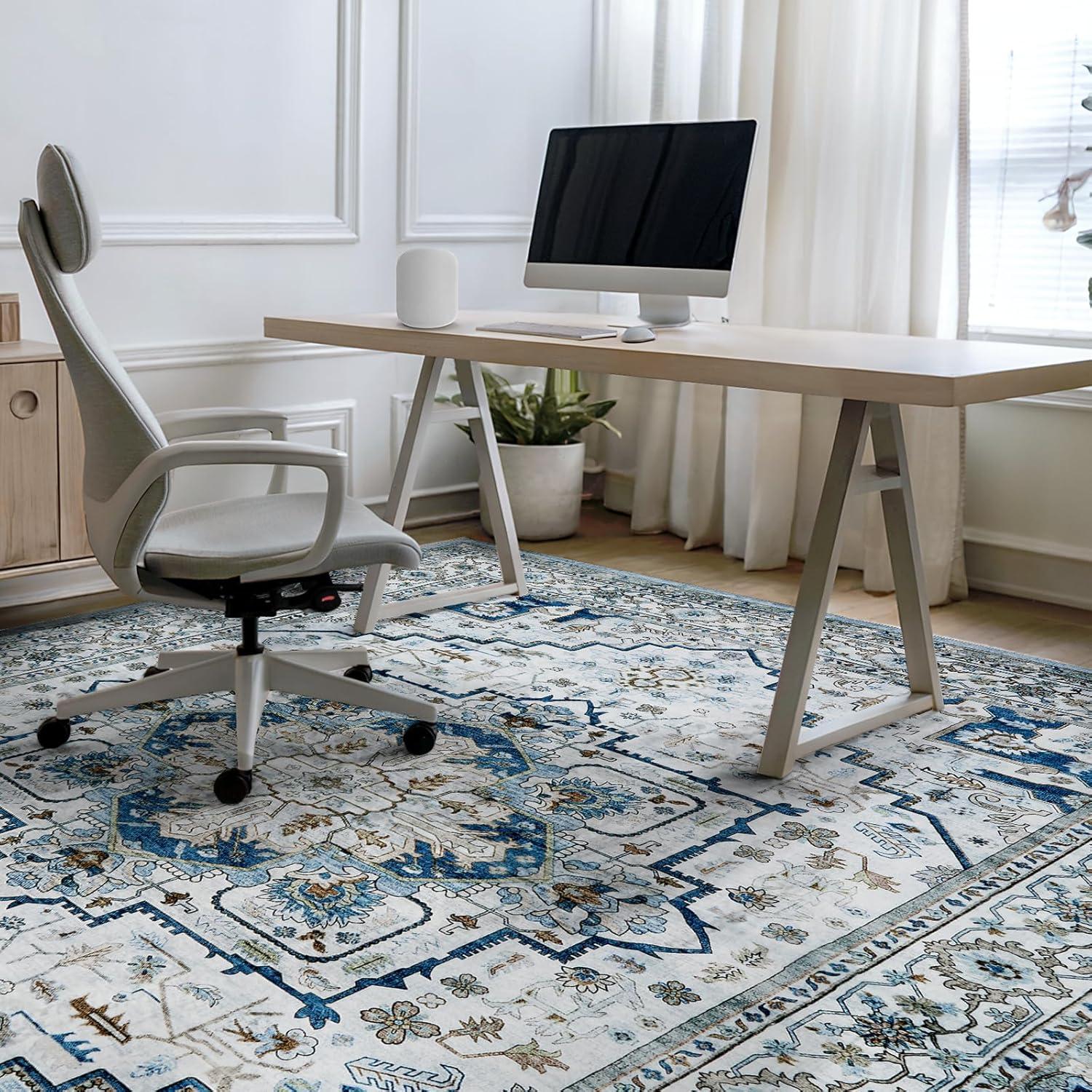 GlowSol 8x10 Floral Area Rug for Living Room Bedroom Retro Distressed Area Rug Traditional Medallion Non-Slip Low Pile Carpet Floor Decoration, Blue
