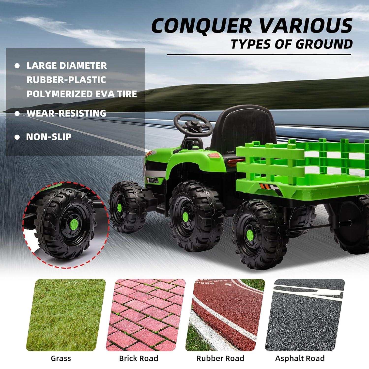 24V 400W Powered Electric Tractor for Kids, 3-Speed Ride On Tractor with Remote Control, USB/MP3/Bluetooth, LED Lights, Safety Belt, 1.86-4.97 MPH，Green