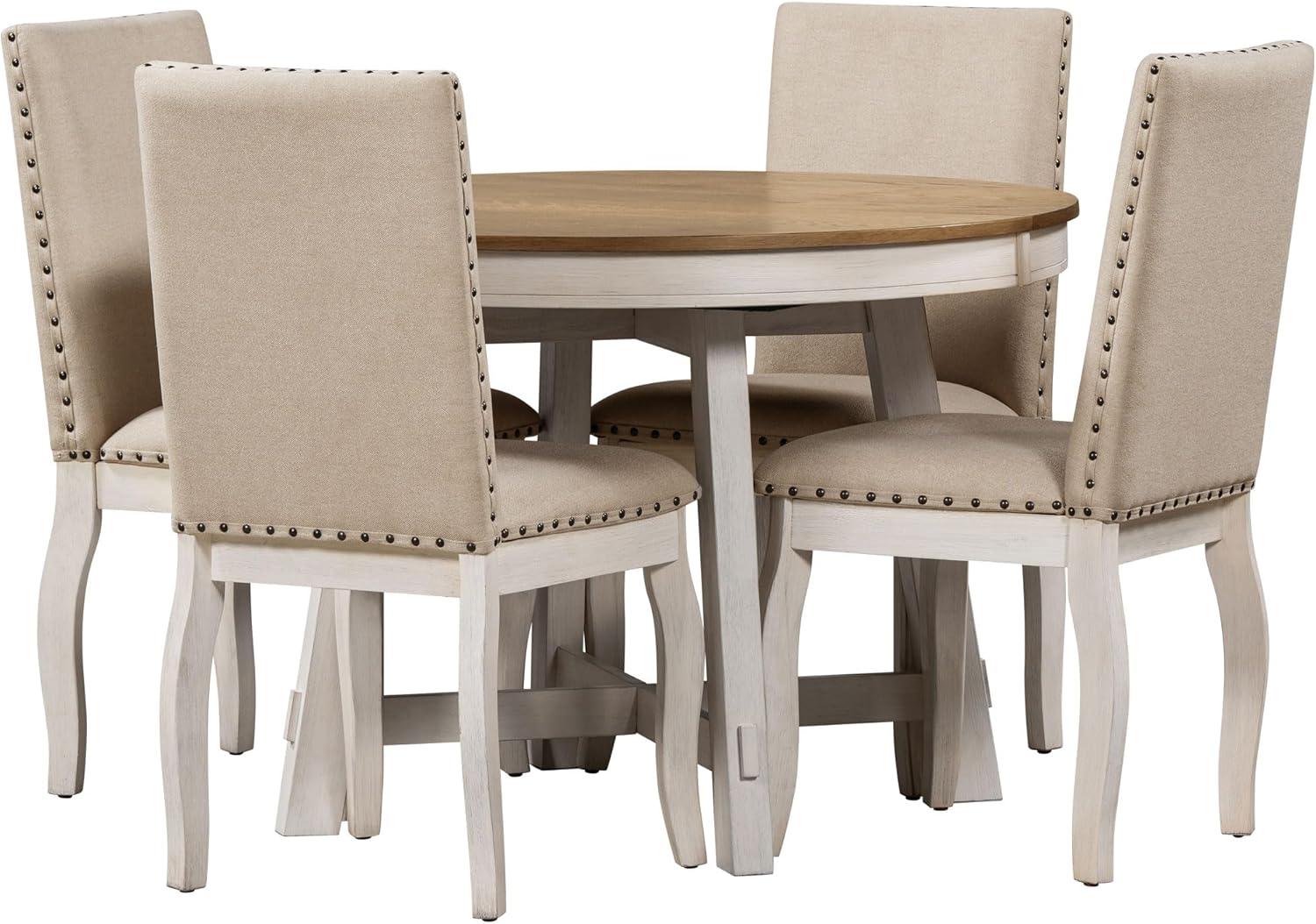 Prehome 5-Piece Farmhouse Dining Table Set Wood Round Extendable Dining Table and 4 Upholstered Dining Chairs (Oak Natural Wood + Antique White)