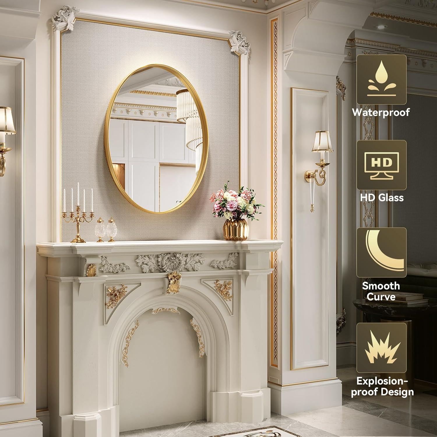 22"\u00d730" Gold Oval Mirror, Oval Bathroom Mirror for Wall, Vanity Mirror, Entryway, Living Room, Wall Mount Mirrors, Hangs Vertical or Horizontal