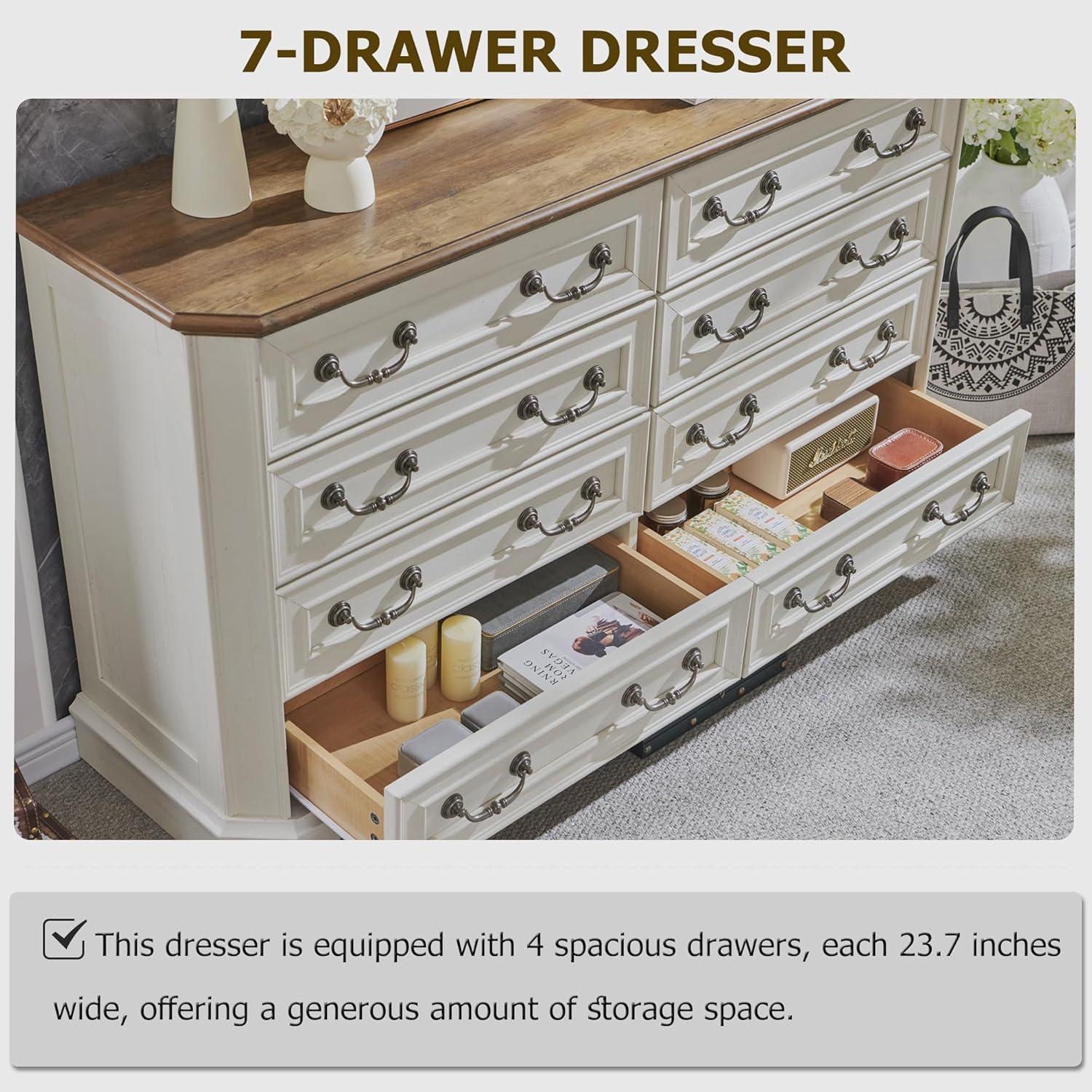 T4TREAM Farmhouse 8 Drawers Dresser for Bedroom, 54" Wide Wood Rustic Chest of Drawers with Natural Texture, Vintage Design, Storage Dressers Organizer for Bedroom, Living Room (Antique White)