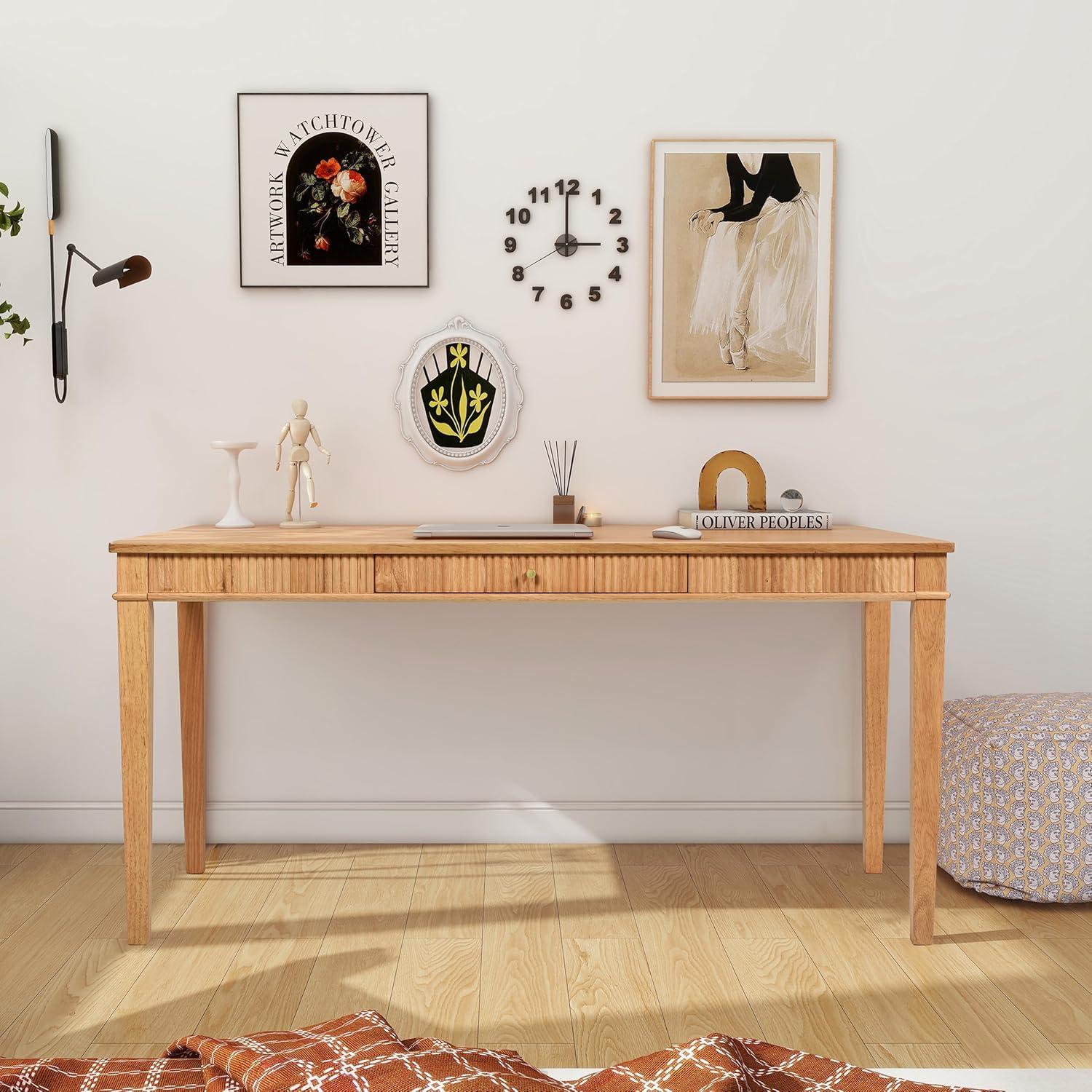 Natural Blonde Rubberwood Fluted Writing Desk with Drawer