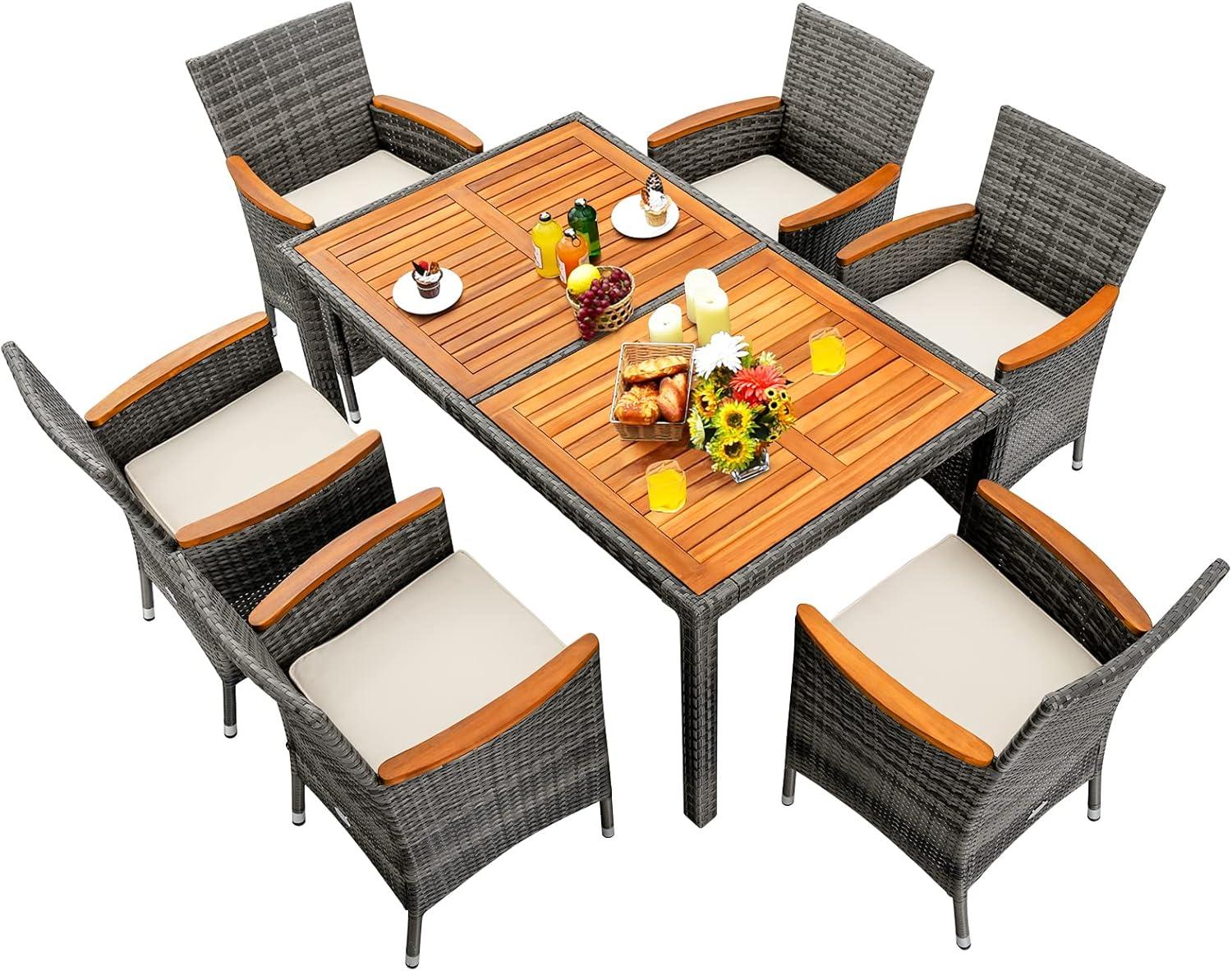 Tangkula 7PCS Patio Rattan Furniture Set Outdoor Conversation Set w/Cushions Acacia Wood Table