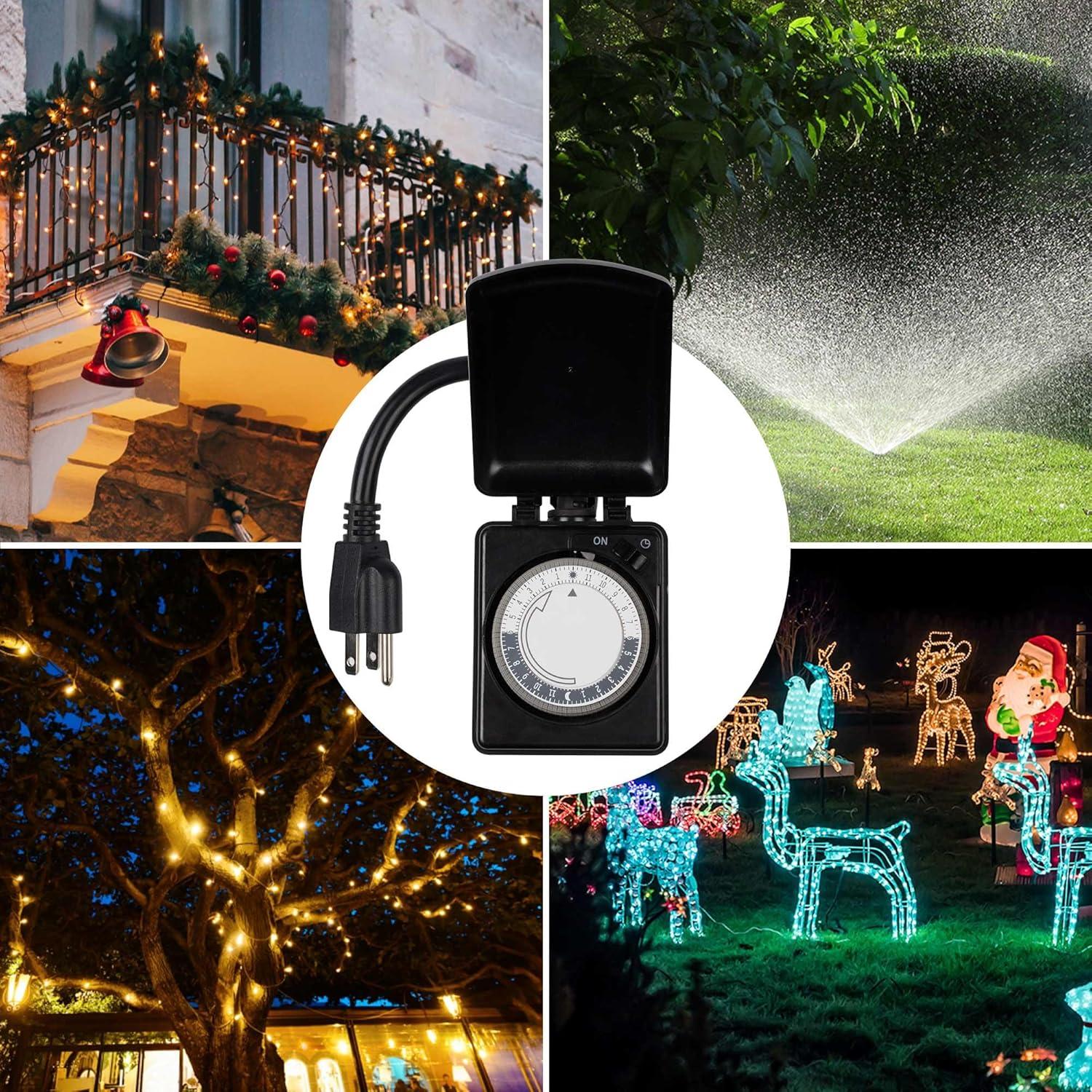 BN-LINK Compact Outdoor Mechanical Timer, 24 Hour Programmable Dual Outlet Timer - Plug in, Waterproof, Heavy Duty, For Lamps Christmas Lights