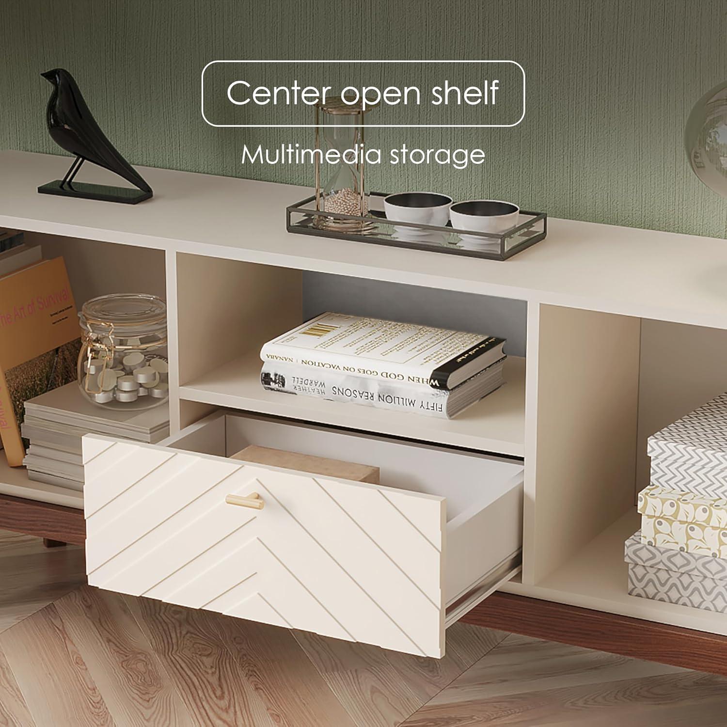 Living Skog  Alba Beige TV Stand Console with Drawer Fits TV's up to 65 in. with Wood Legs Mid Century Modern Design Beige Laminate Up to 240 lbs