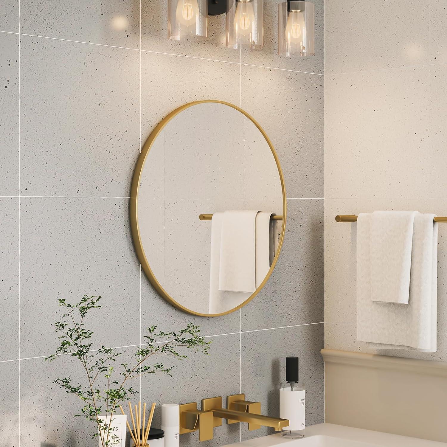 Gold 24 Inch Round Mirror - Bathroom & Wall Decor for Living Room, Entry Way, Bedroom - Metal Framed