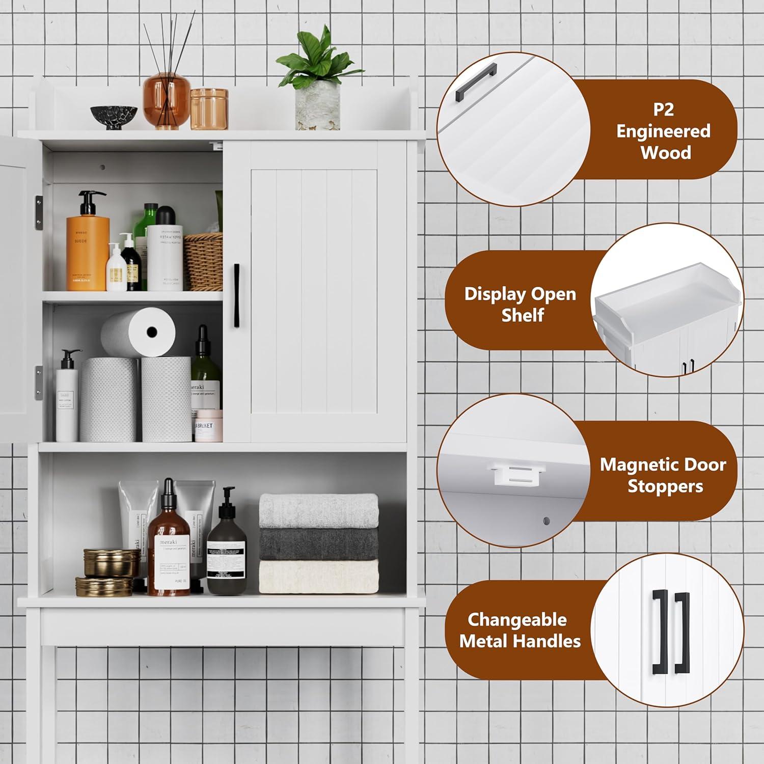 VEIKOUS Over The Toilet Storage Cabinet, Bathroom Space Saver w/Adjustable Shelf & Rack, White