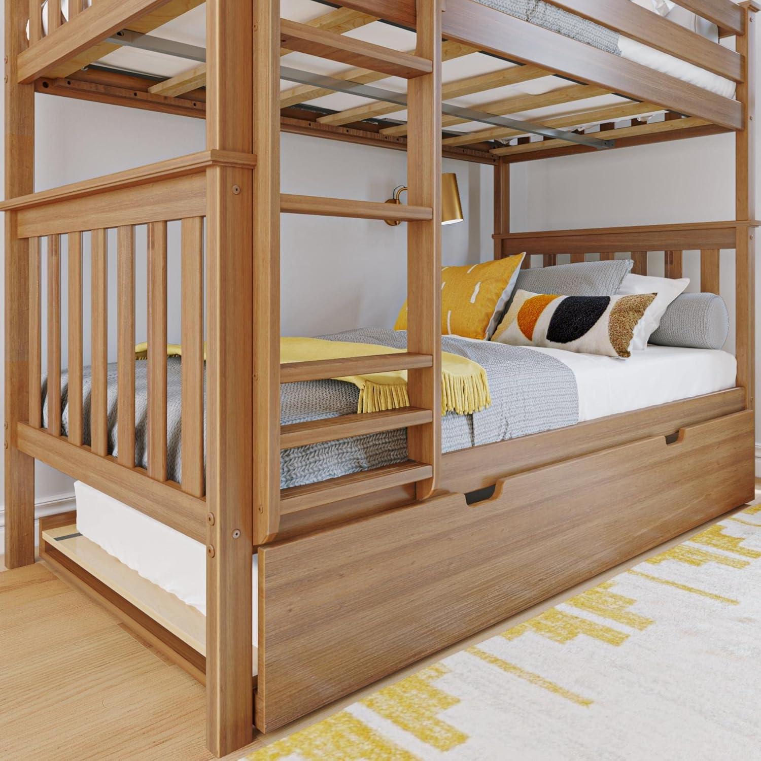 Max & Lily Solid Wood Twin over Twin Bunk Bed with Storage Trundle for Kids, Pecan