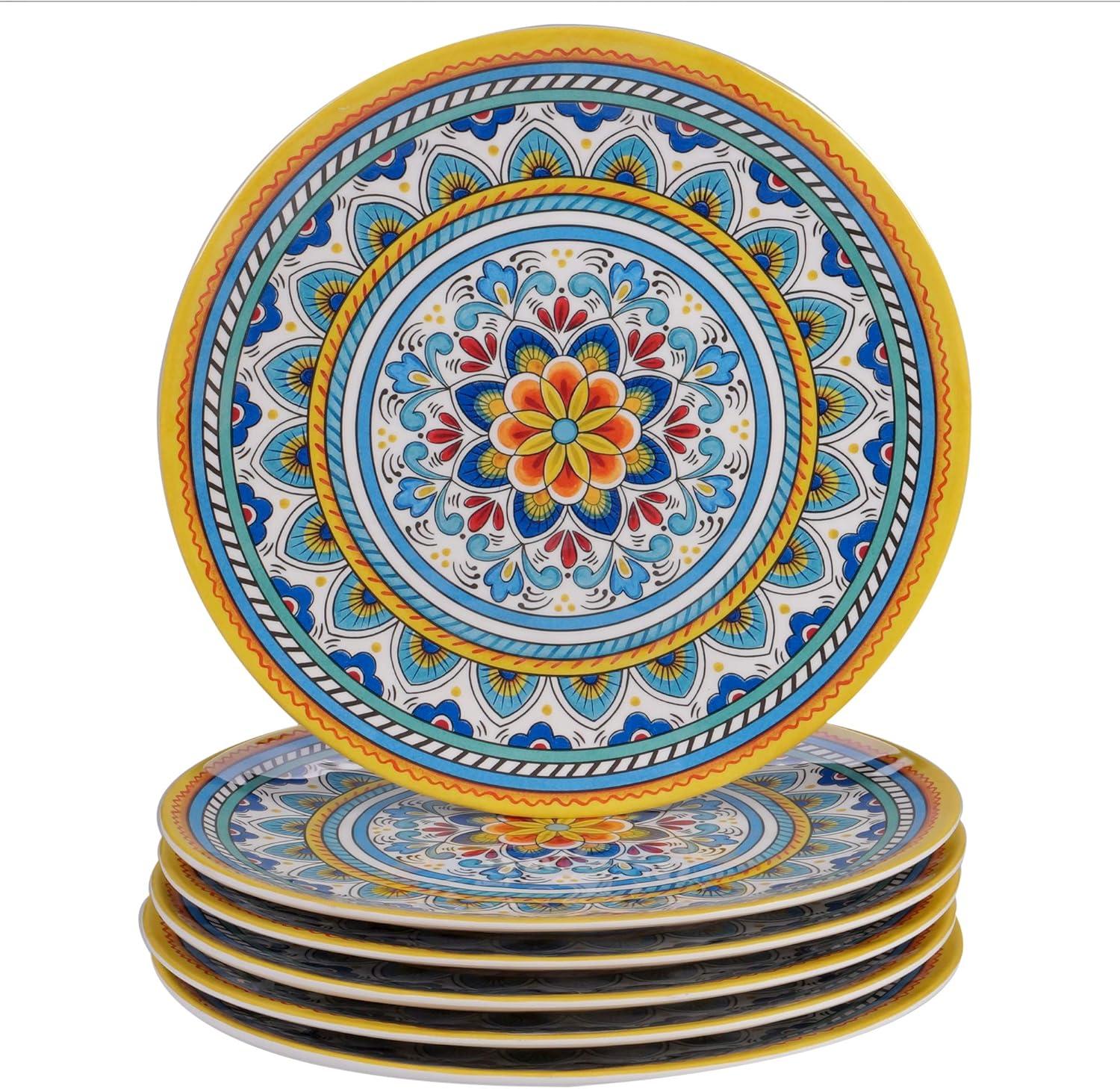 Portofino Bohemian Floral Melamine Dinner Plate Set, 6 Pieces