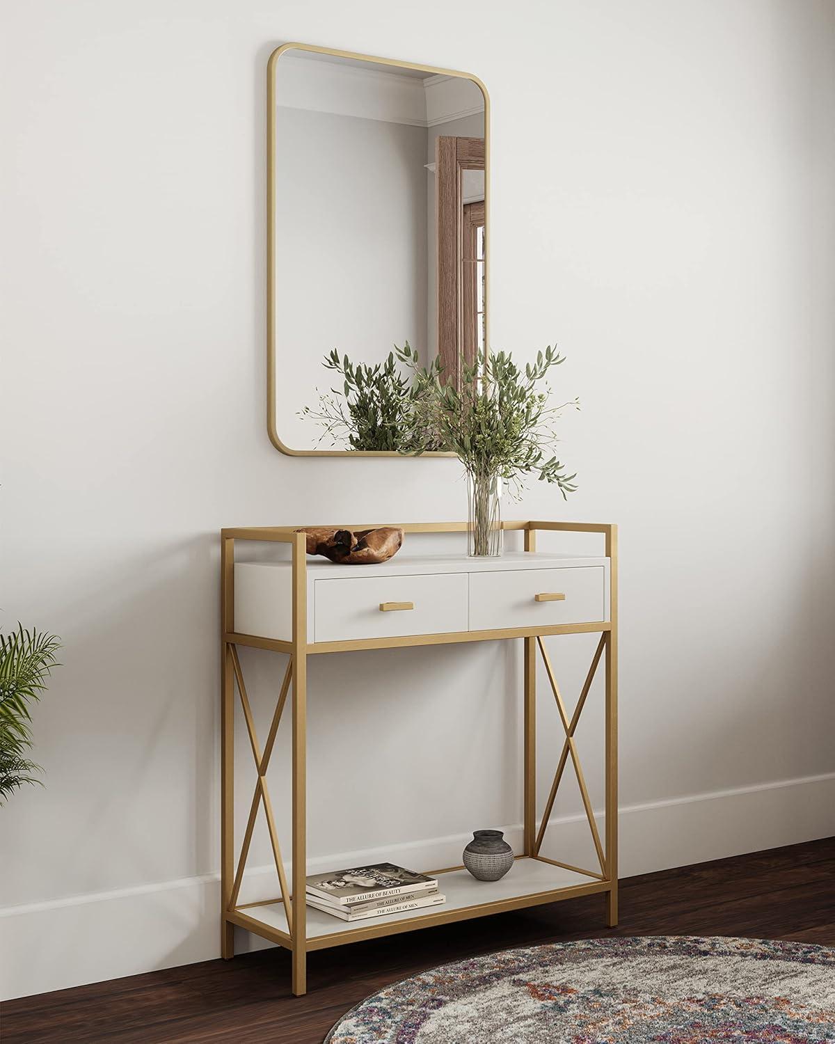 Claudette White and Gold Metal Wood Console Table with Storage