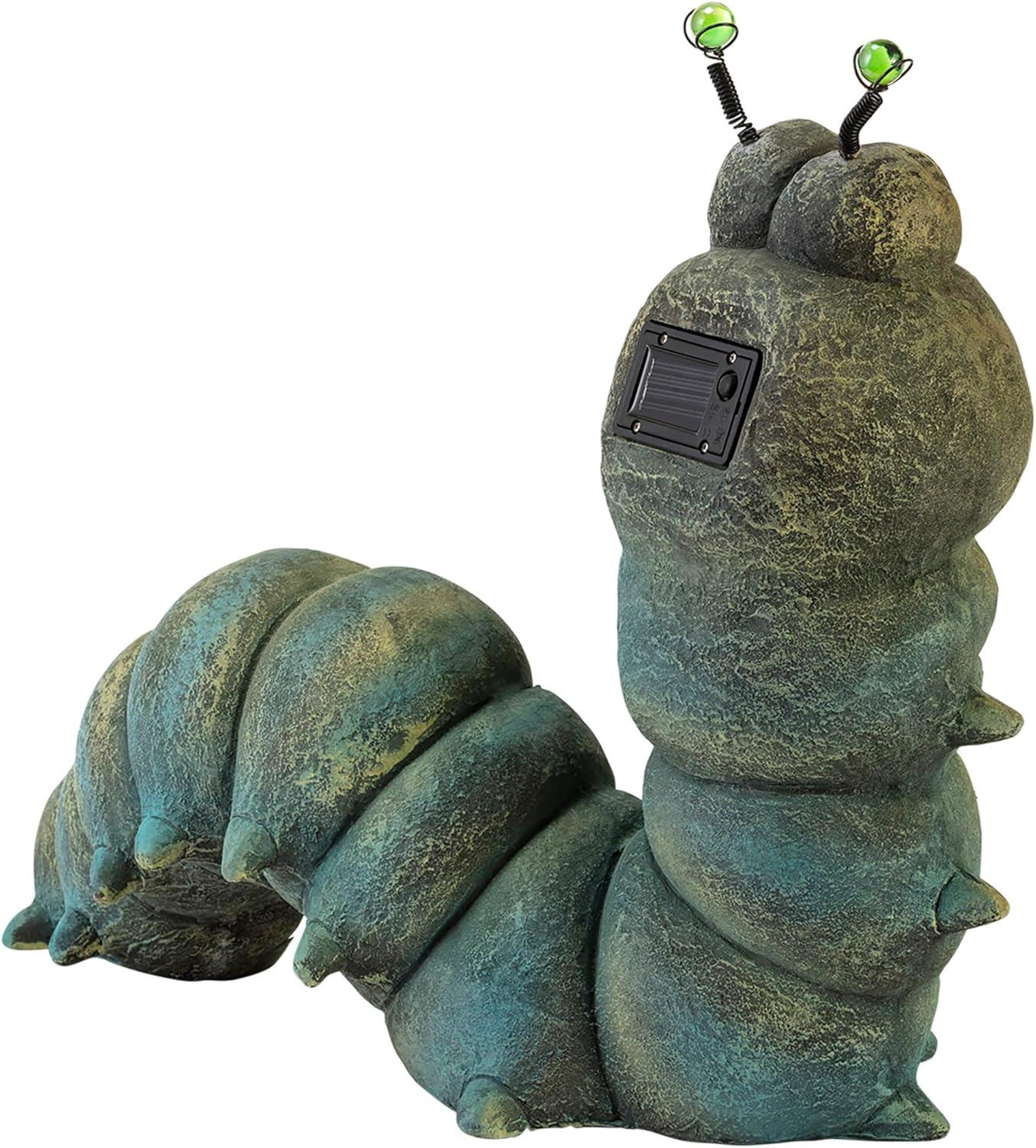 16-inch Green Solar-Powered Caterpillar Garden Statue with LED Eyes