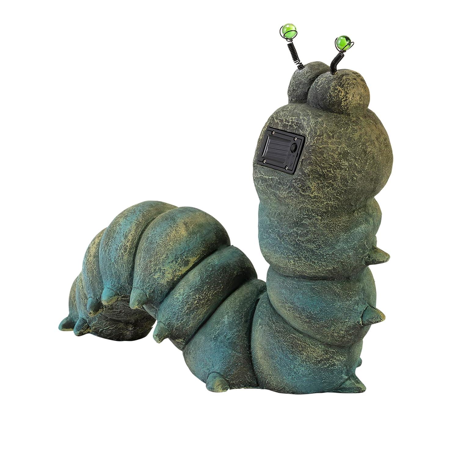 16-inch Green Solar-Powered Caterpillar Garden Statue with LED Eyes