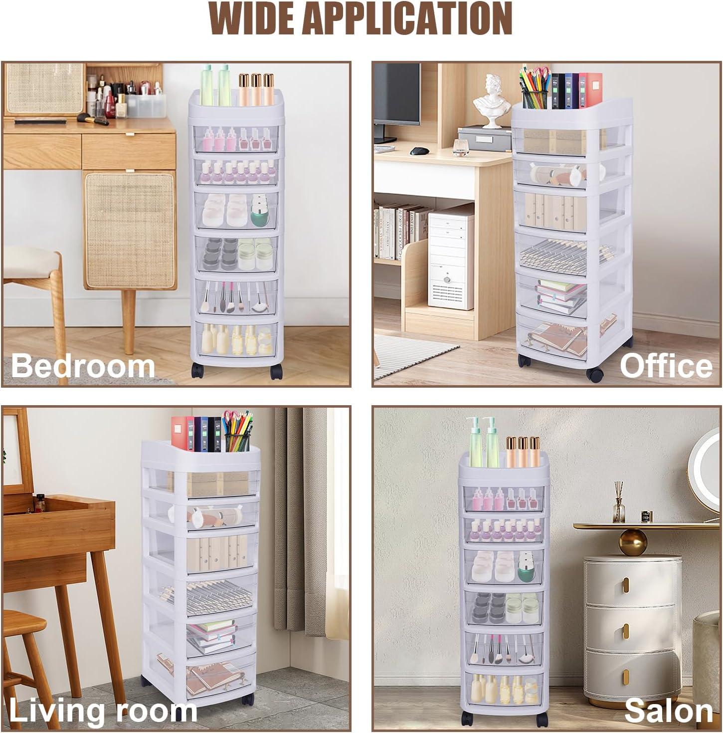 White 6-Tier Plastic Rolling Storage Cart with Clear Drawers