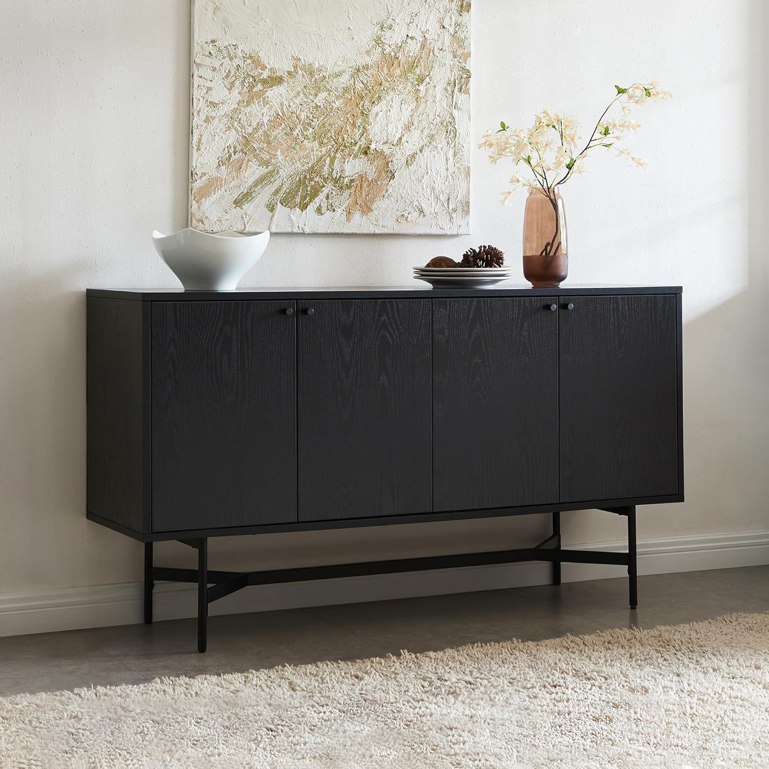 Henn&Hart 58" Black Grain MDF and Metal Buffet Sideboard