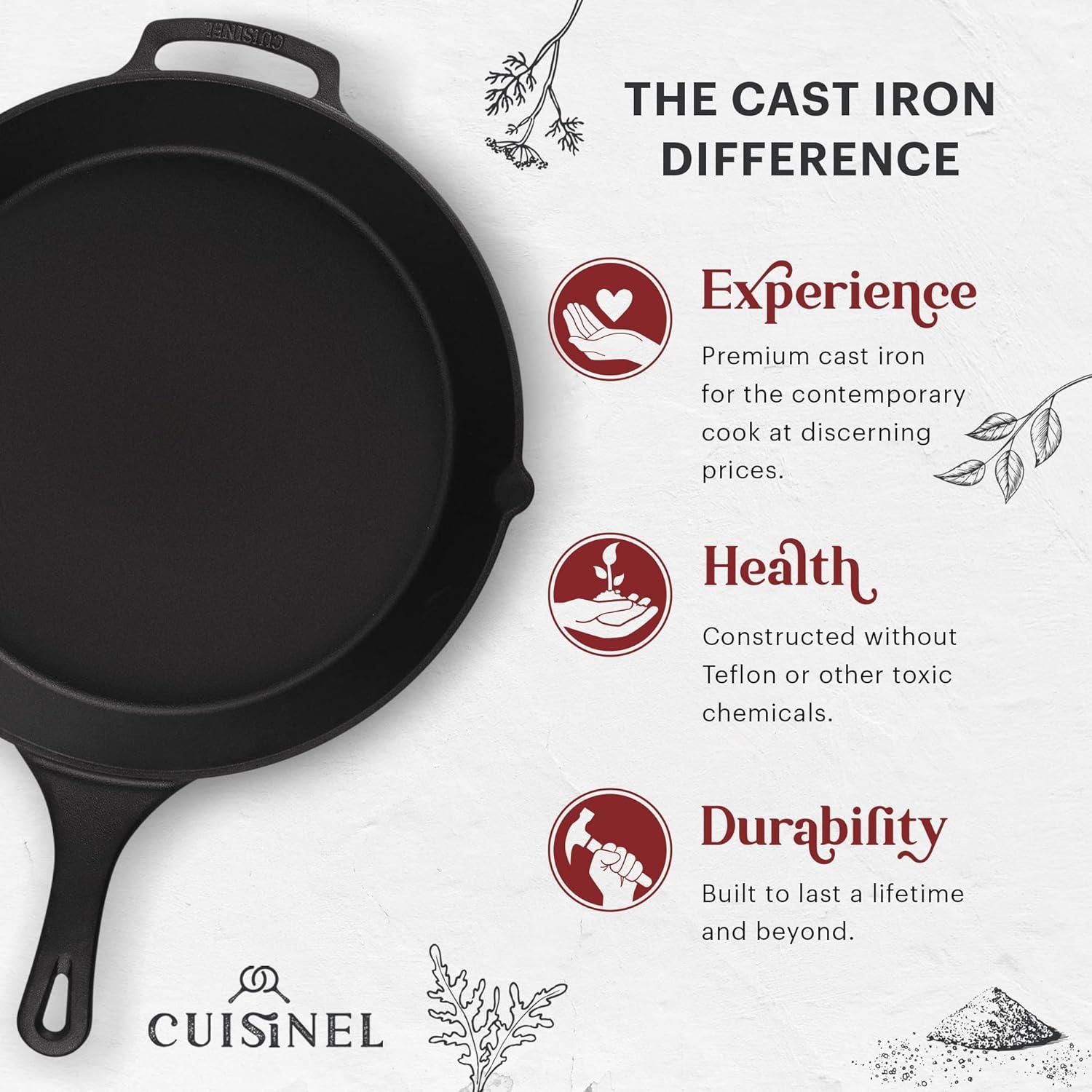 Cuisinel Cast Iron Skillet + Glass Lid + Pan Scraper - 15"-Inch with Cover + Heat-Resistant Silicone Handle Grip